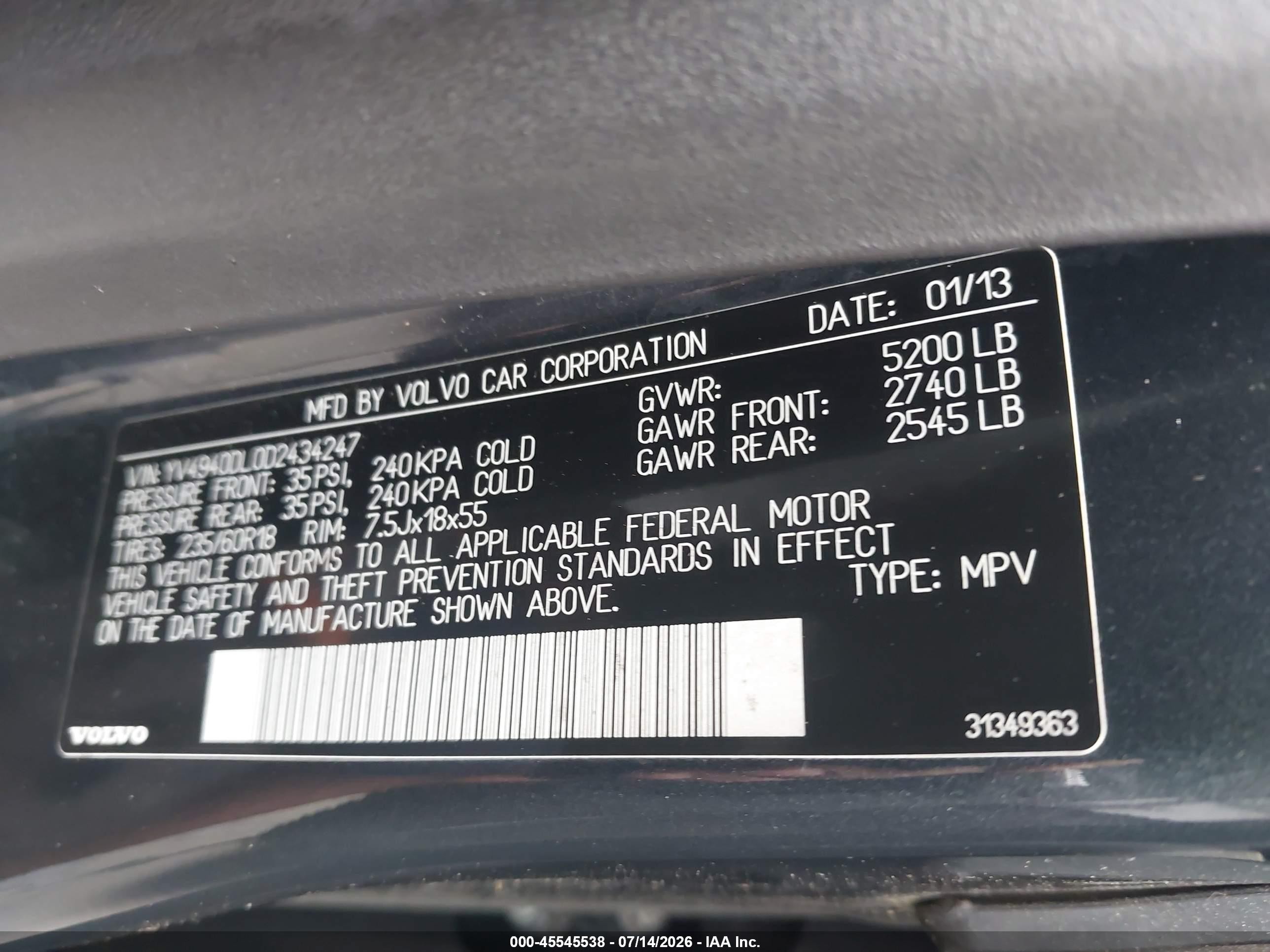2013 Volvo Xc60 3.2/3.2 Platinum/3.2 Premier/3.2 Premier Plus Gray vin: YV4940DL0D2434247