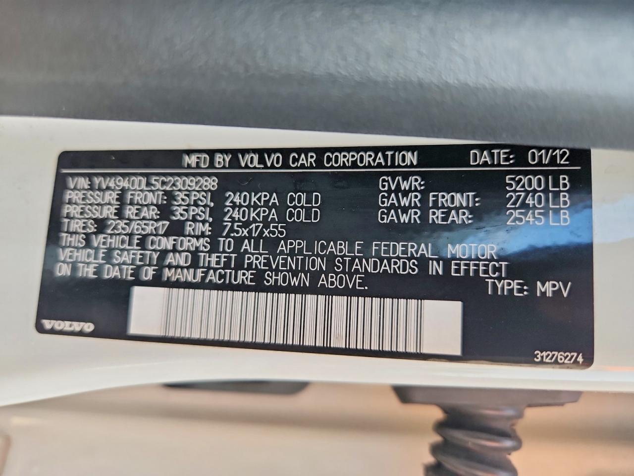 2012 Volvo Xc60 3.2 White vin: YV4940DL5C2309288