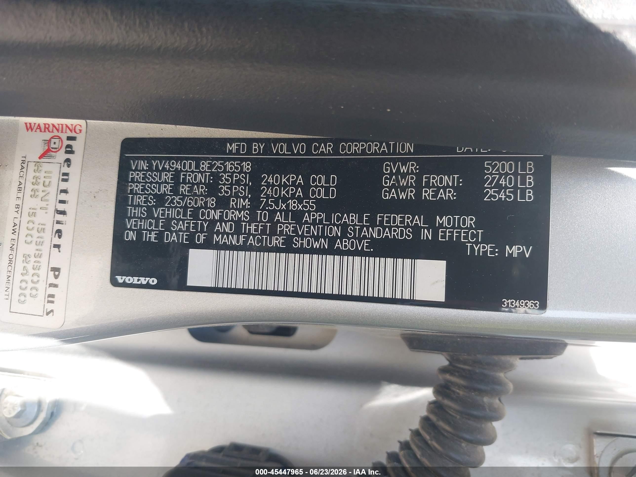 2014 Volvo Xc60 3.2 Silver vin: YV4940DL8E2516518