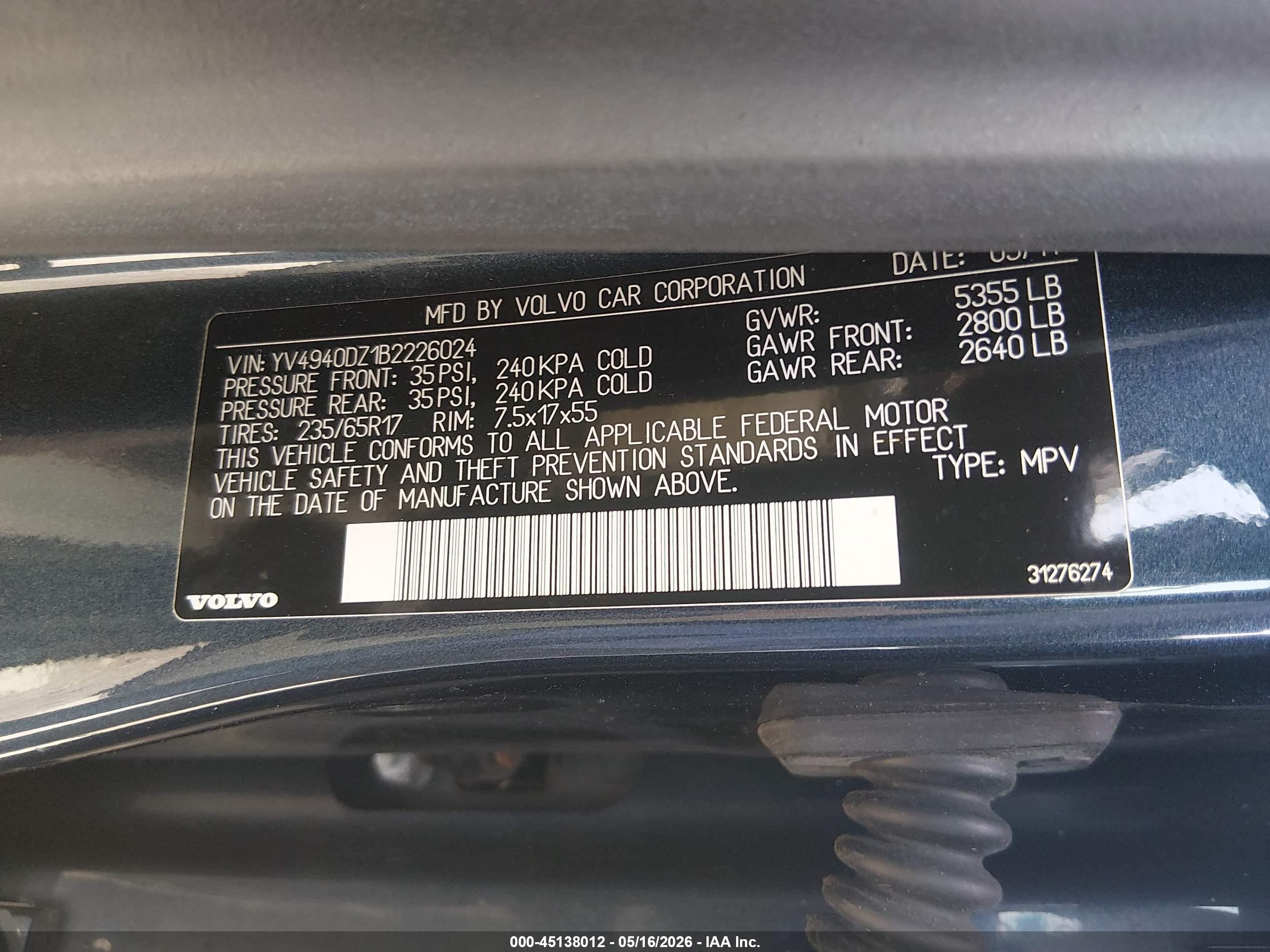2011 Volvo Xc60 3.2 Blue vin: YV4940DZ1B2226024