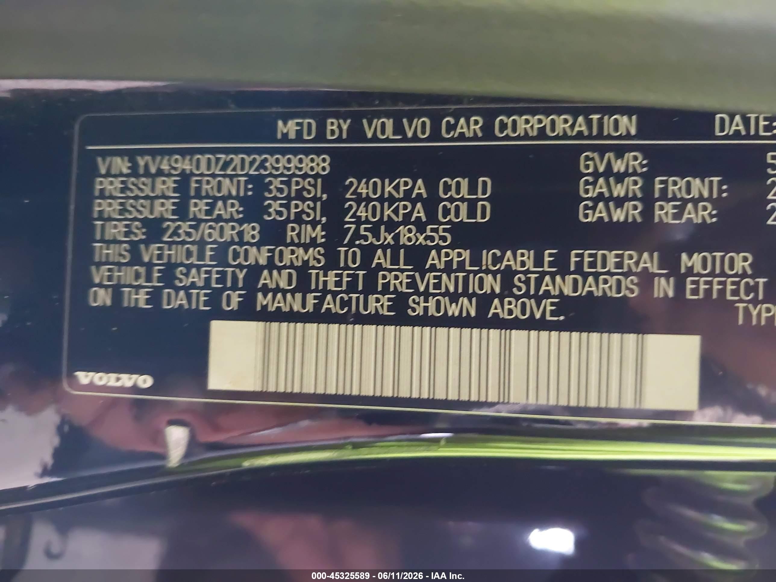 2013 Volvo Xc60 3.2/3.2 Platinum/3.2 Premier/3.2 Premier Plus Black vin: YV4940DZ2D2399988