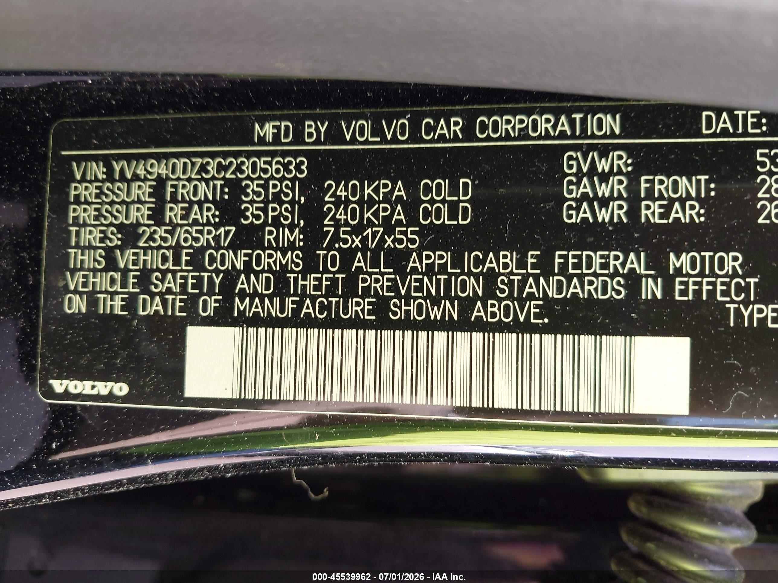 2012 Volvo Xc60 3.2/3.2 Platinum/3.2 Premier/3.2 Premier Plus Black vin: YV4940DZ3C2305633