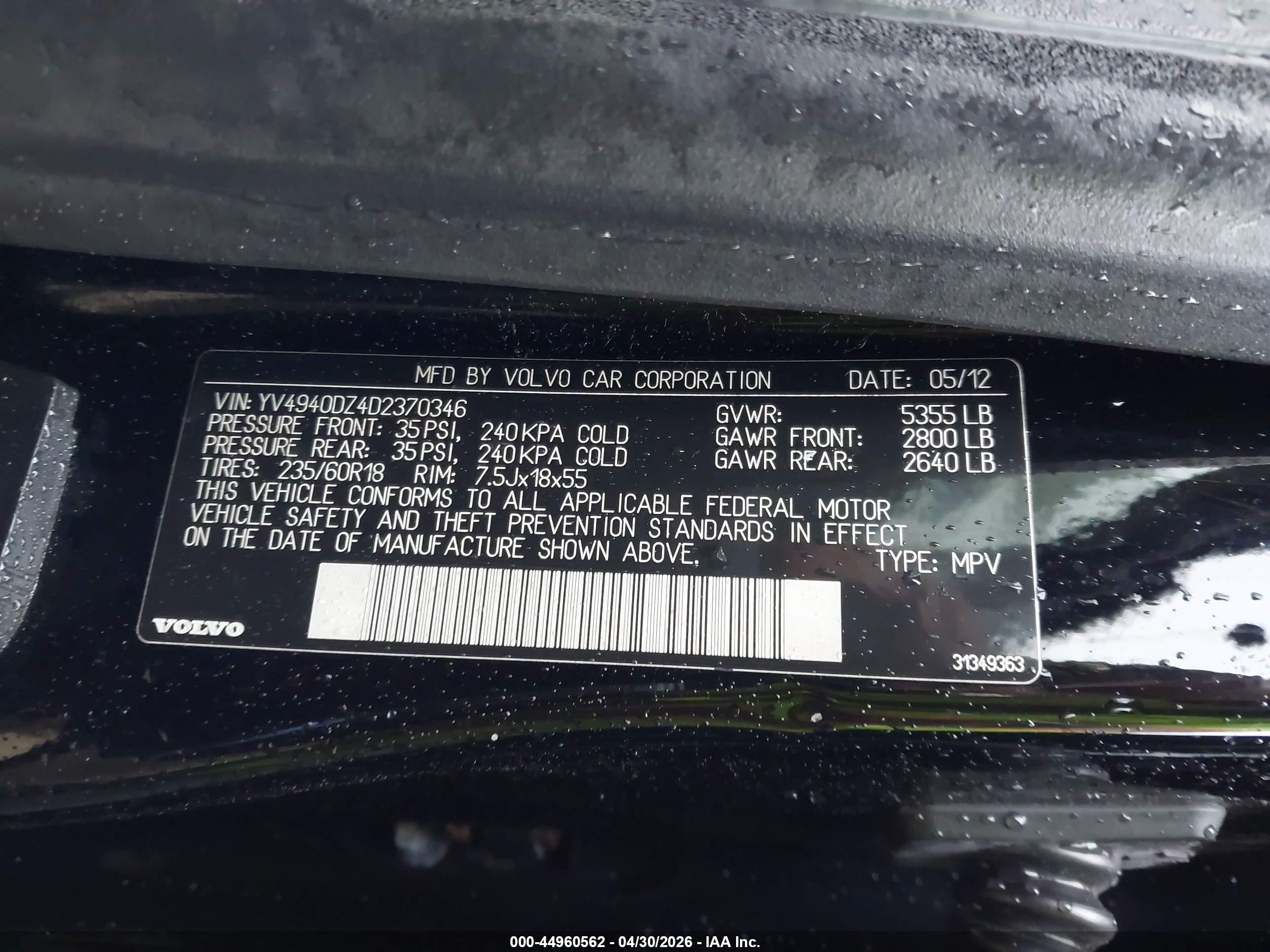 2013 Volvo Xc60 3.2/3.2 Platinum/3.2 Premier/3.2 Premier Plus Black vin: YV4940DZ4D2370346