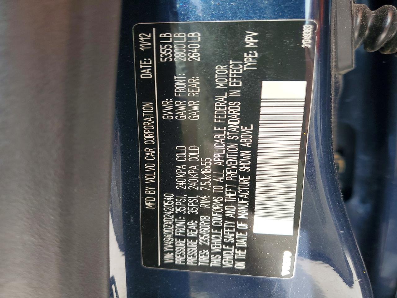 2013 Volvo Xc60 3.2 Blue vin: YV4940DZXD2420540