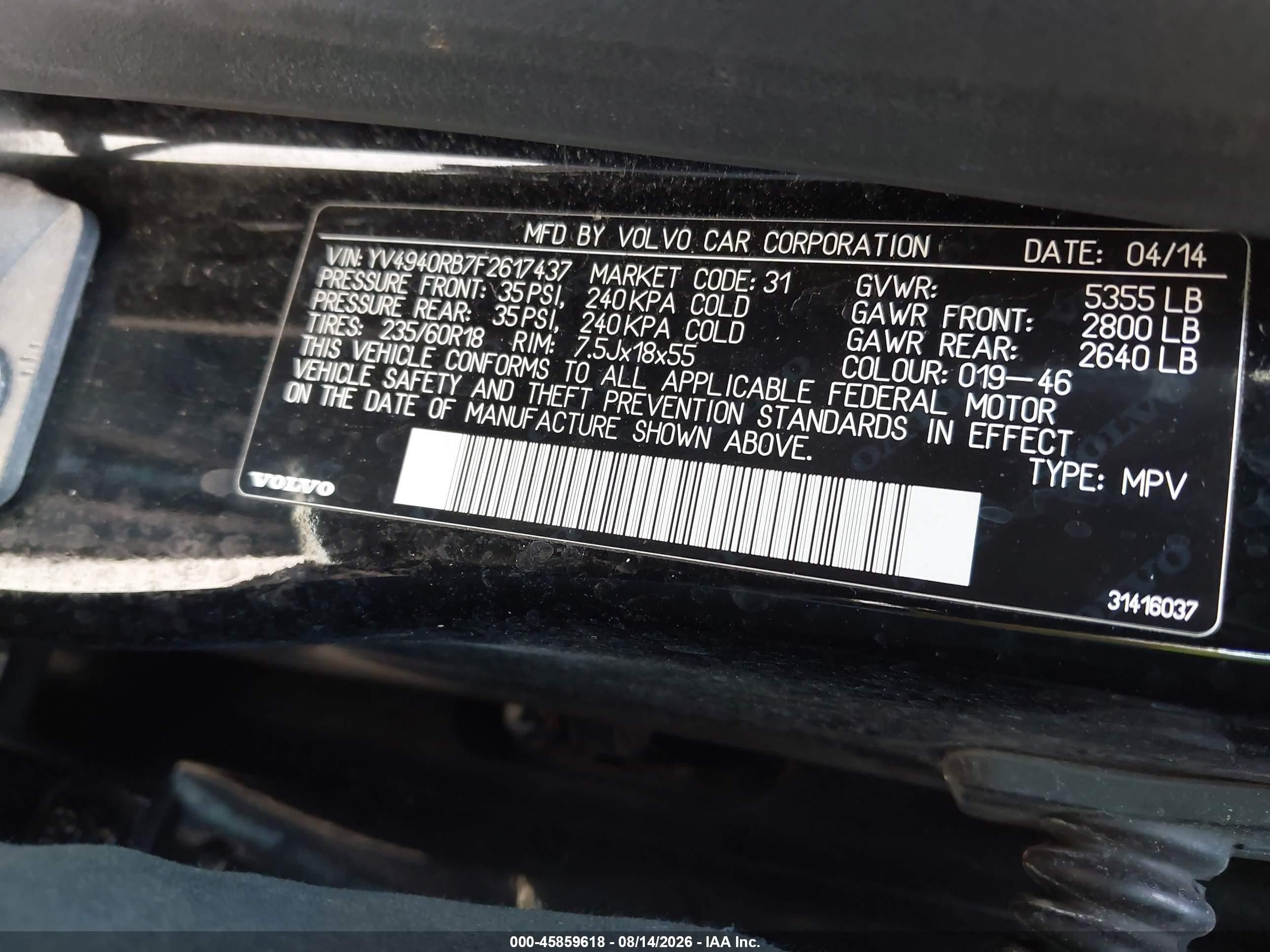 2015 Volvo Xc60 3.2 Premier Black vin: YV4940RB7F2617437