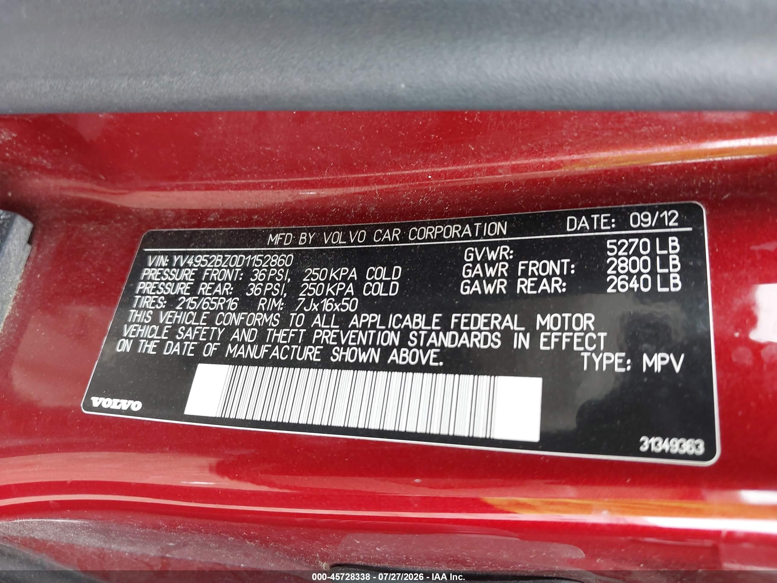 2013 Volvo Xc70 3.2l/3.2l Platinum/3.2l Premier/3.2l Premier Plus vin: YV4952BZ0D1152860