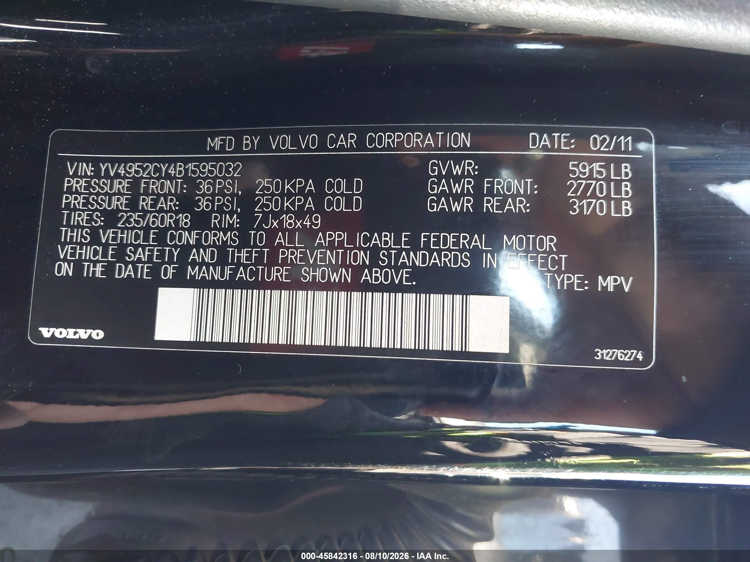 2011 Volvo Xc90 3.2 Black vin: YV4952CY4B1595032