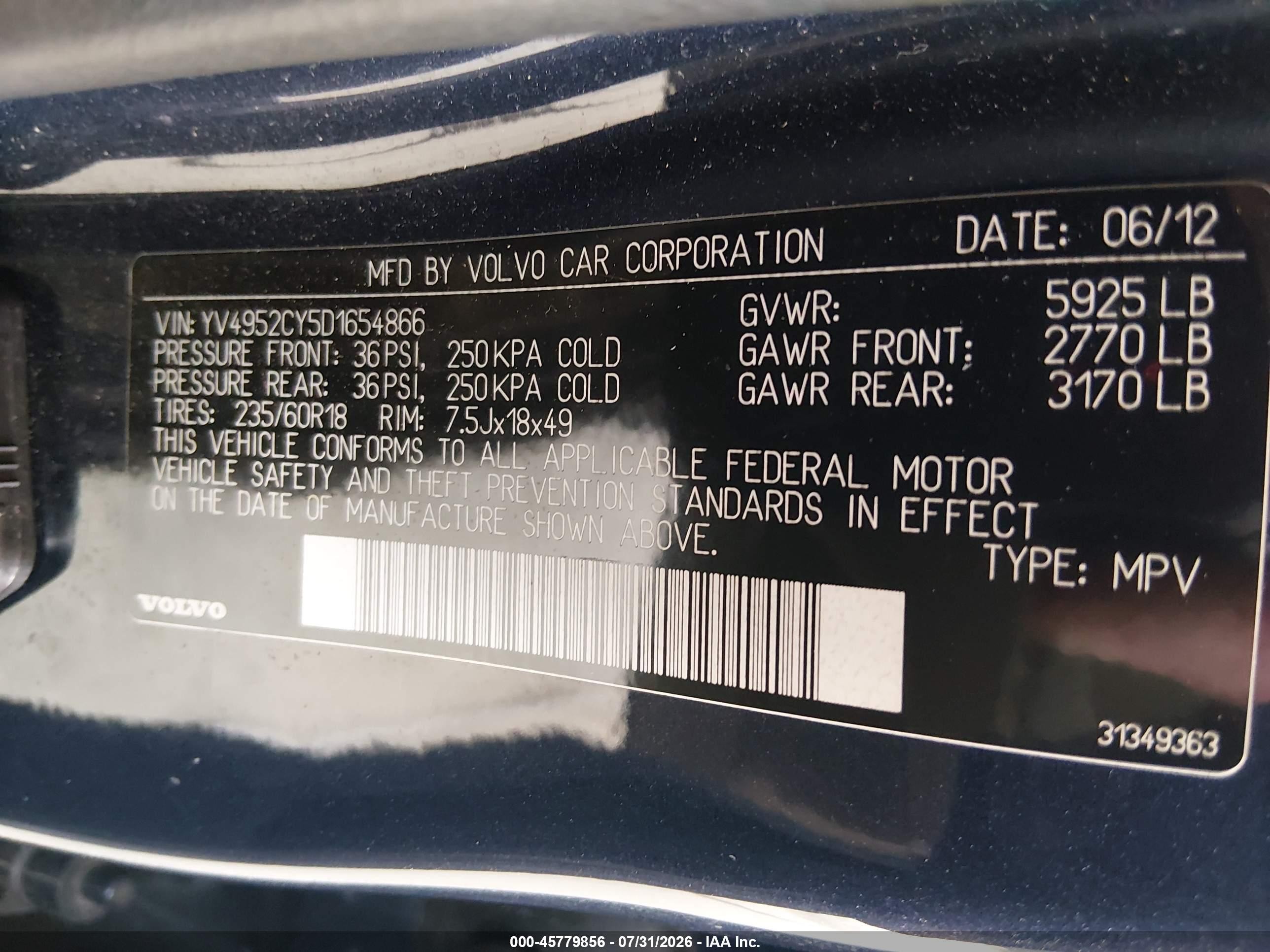 2013 Volvo Xc90 3.2/3.2 Platinum/3.2 Premier Plus Blue vin: YV4952CY5D1654866