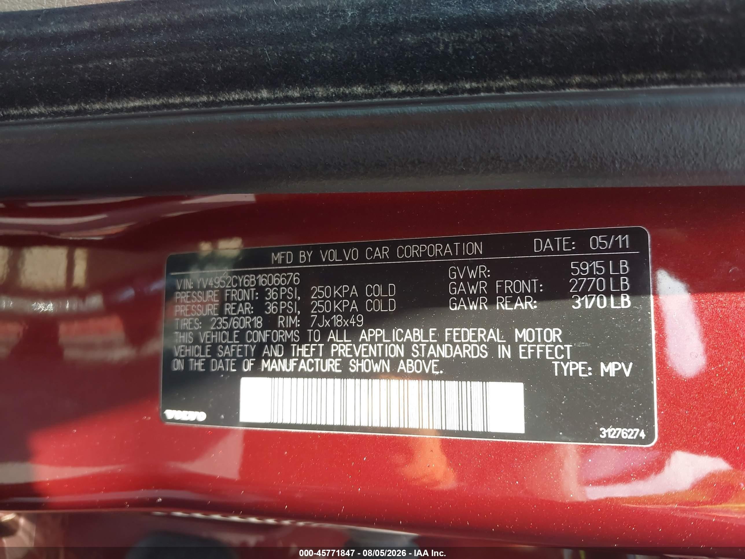 2011 Volvo Xc90 3.2 Красный vin: YV4952CY6B1606676