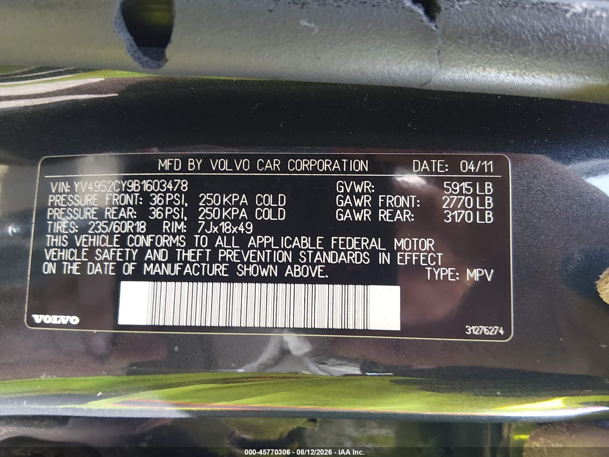 2011 Volvo Xc90 3.2 Gray vin: YV4952CY9B1603478