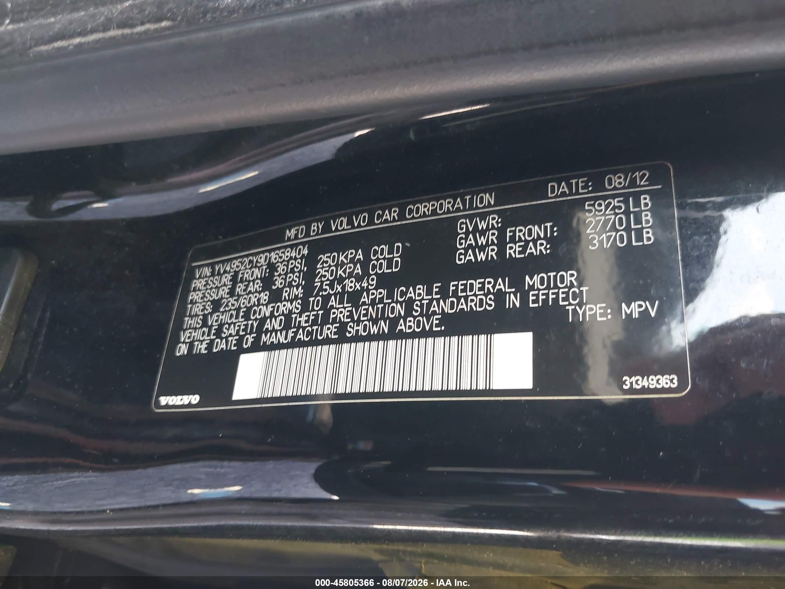2013 Volvo Xc90 3.2/3.2 Platinum/3.2 Premier Plus Black vin: YV4952CY9D1658404
