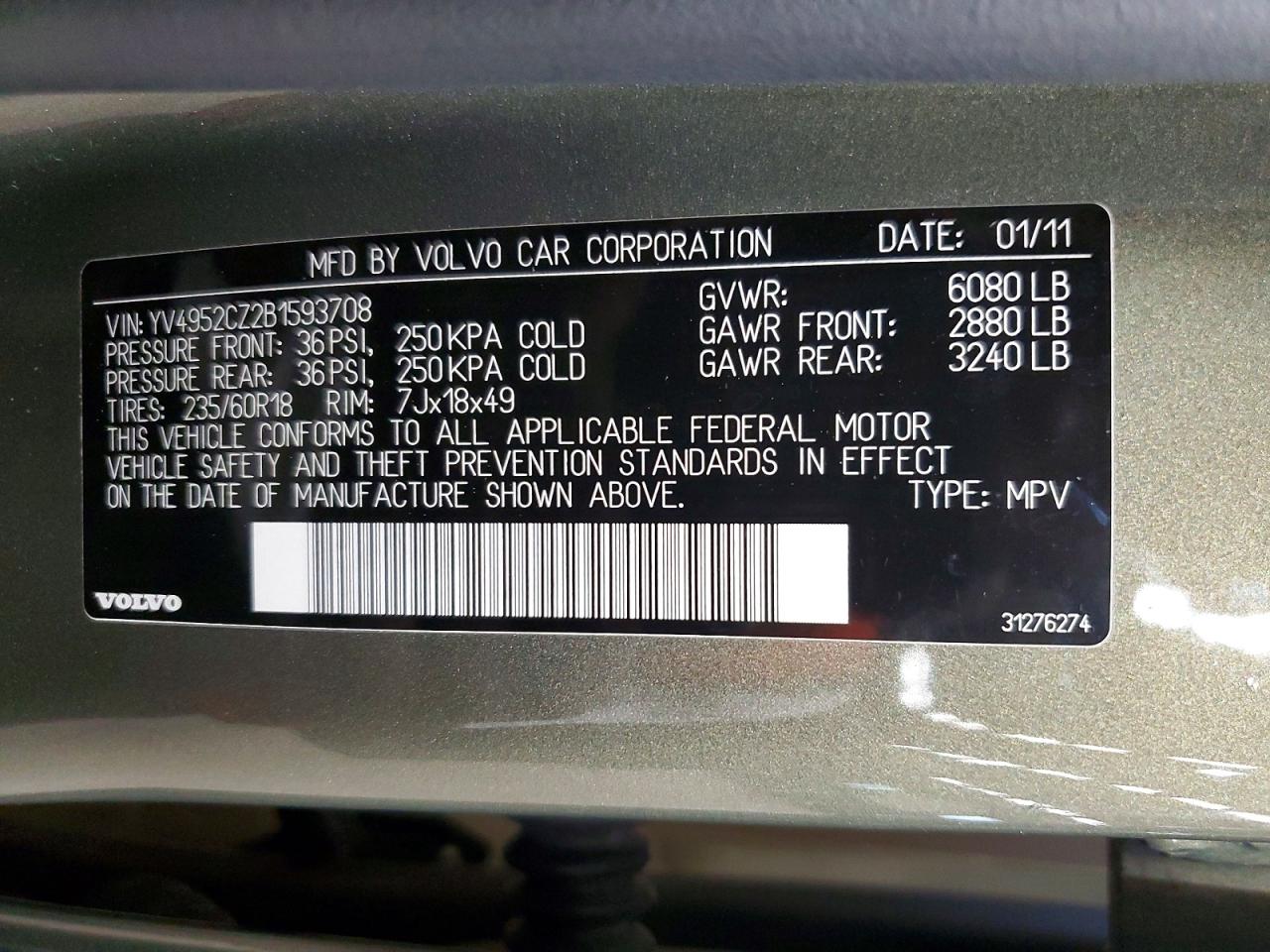 2011 Volvo Xc90 3.2 Green vin: YV4952CZ2B1593708