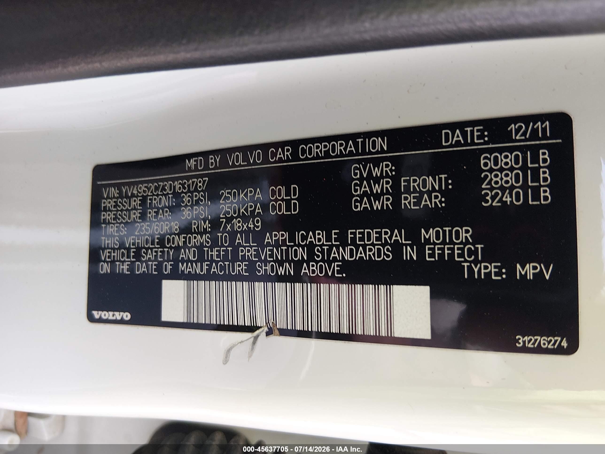 2013 Volvo Xc90 3.2/3.2 Platinum/3.2 Premier Plus White vin: YV4952CZ3D1631787
