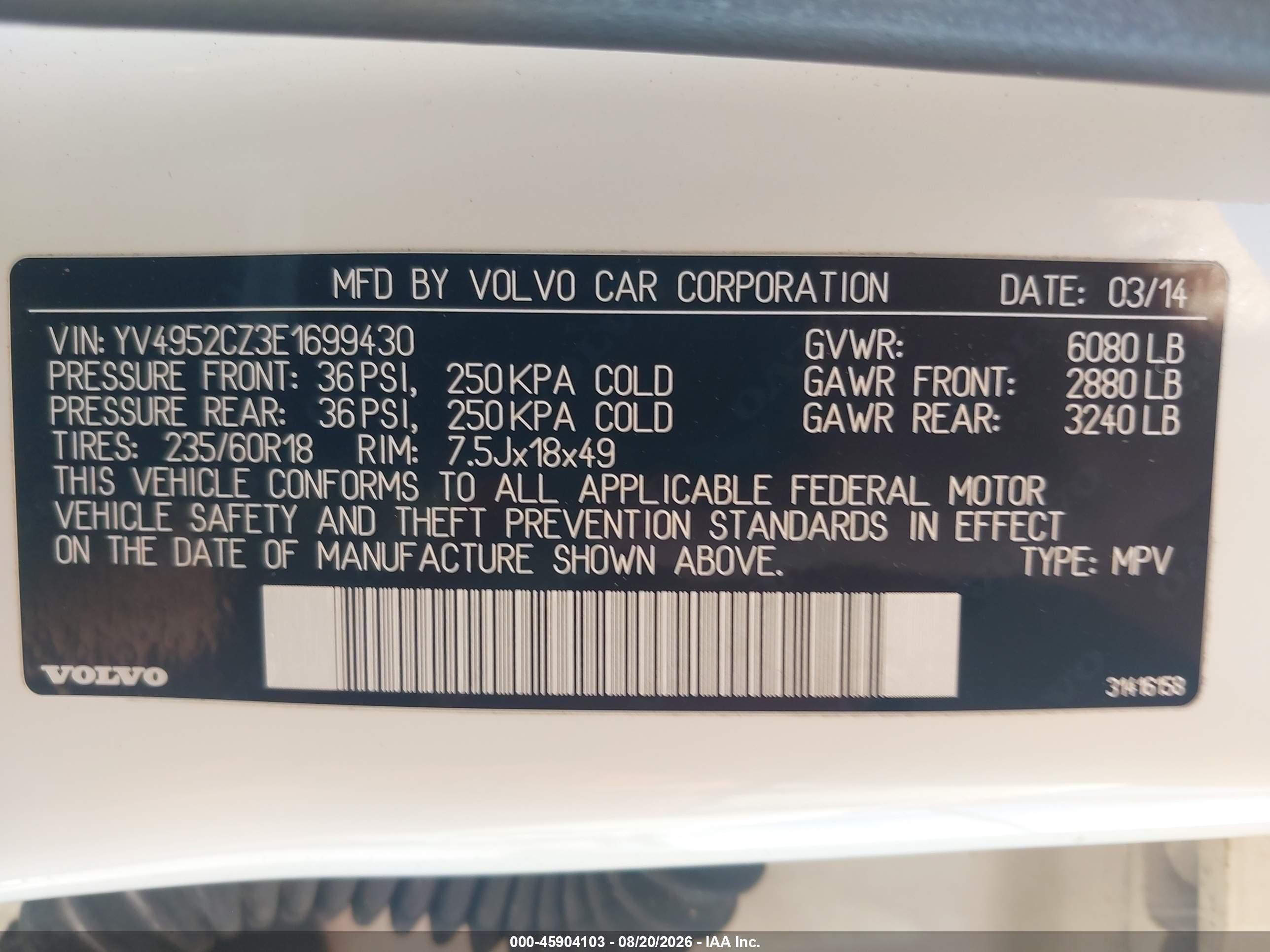 2014 Volvo Xc90 3.2 Platinum White vin: YV4952CZ3E1699430