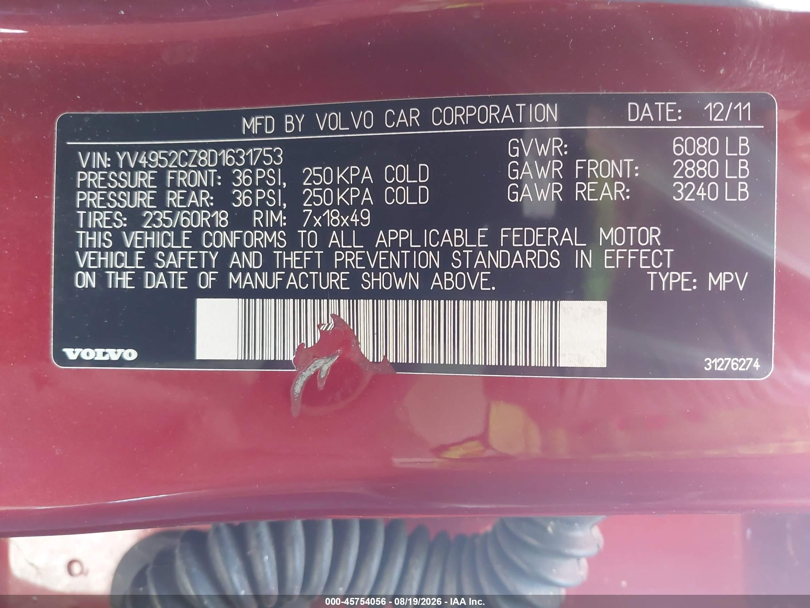 2013 Volvo Xc90 3.2/3.2 Platinum/3.2 Premier Plus Red vin: YV4952CZ8D1631753