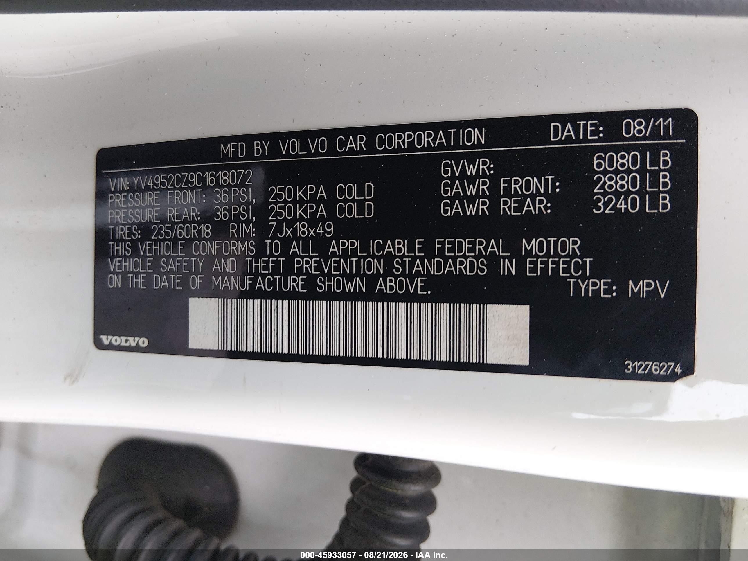 2012 Volvo Xc90 3.2 Platinum White vin: YV4952CZ9C1618072