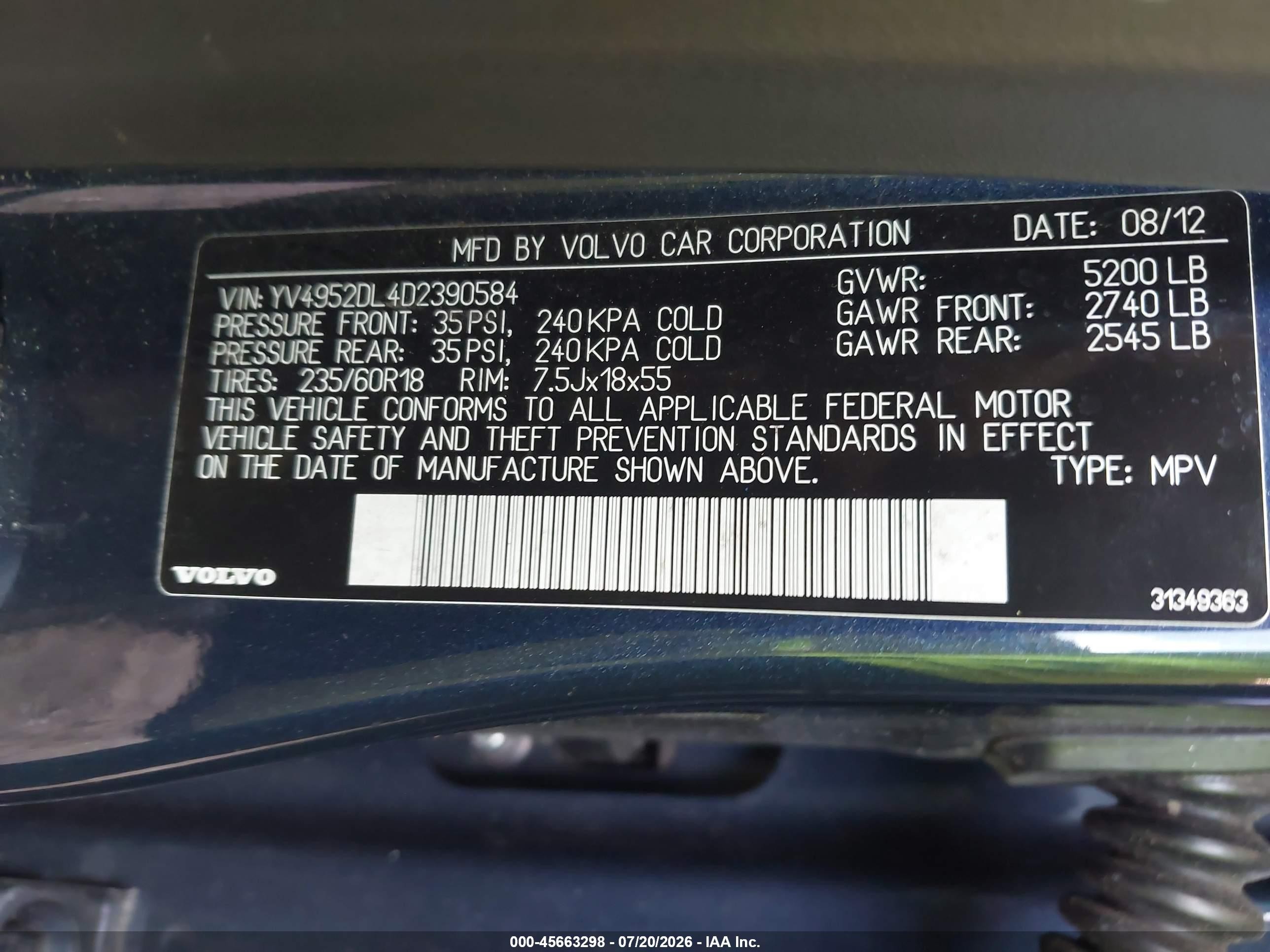 2013 Volvo Xc60 3.2 Premier Blue vin: YV4952DL4D2390584
