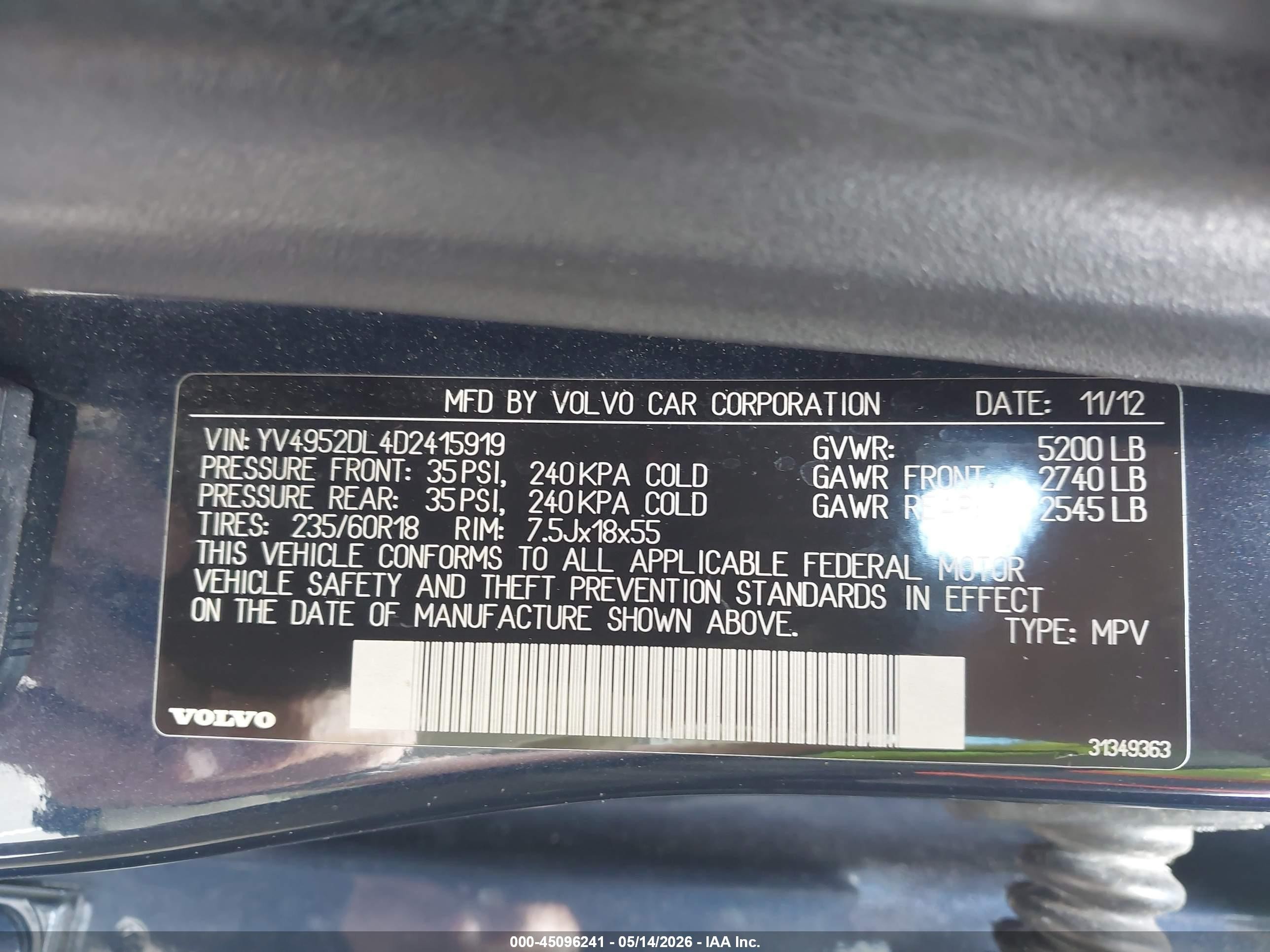 2013 Volvo Xc60 3.2/3.2 Platinum/3.2 Premier/3.2 Premier Plus Dark Blue vin: YV4952DL4D2415919