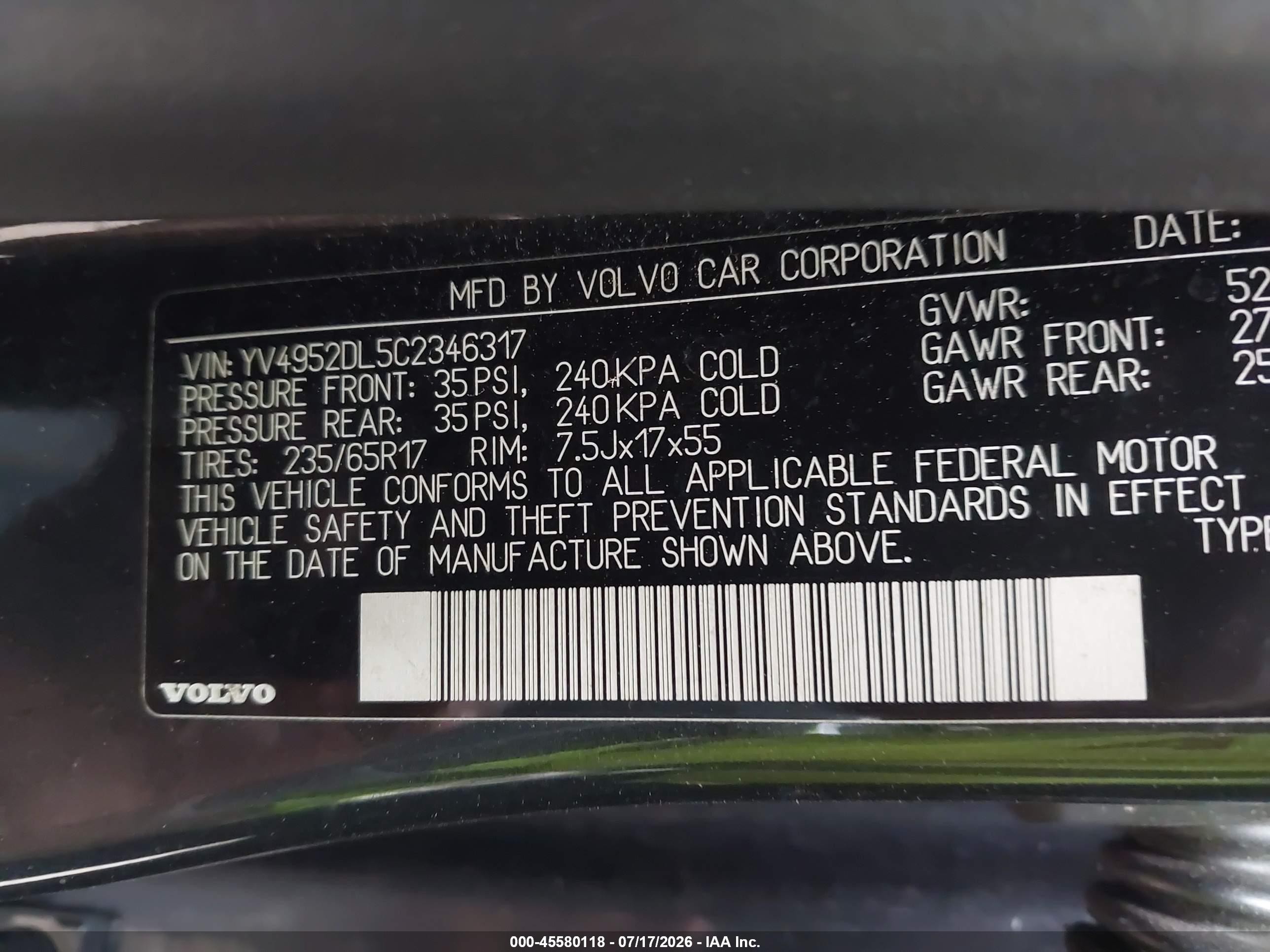 2012 Volvo Xc60 3.2/3.2 Platinum/3.2 Premier/3.2 Premier Plus Черный vin: YV4952DL5C2346317