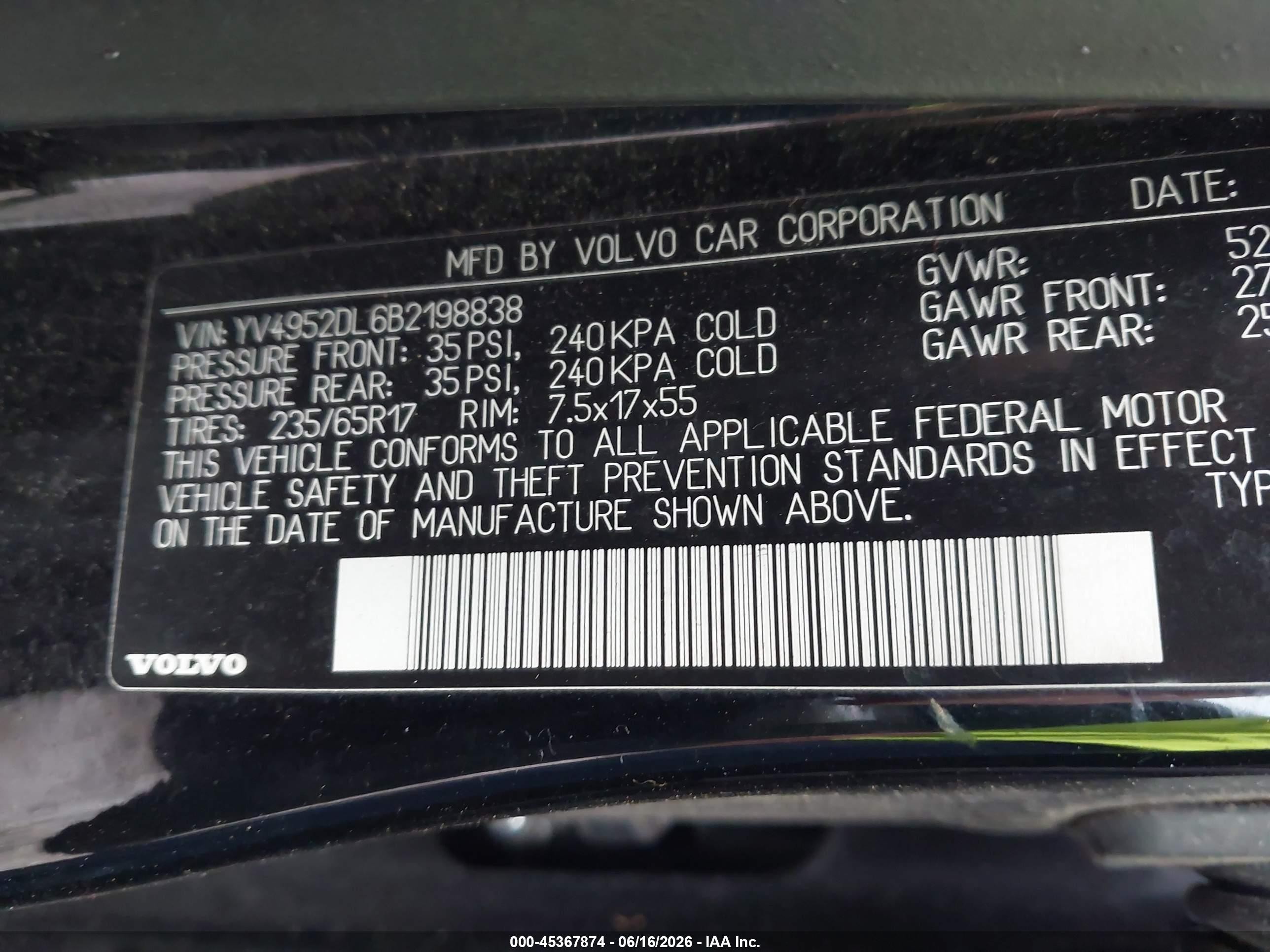 2011 Volvo Xc60 3.2 Черный vin: YV4952DL6B2198838