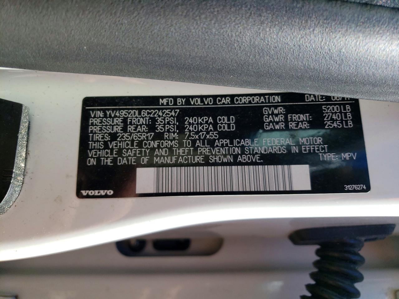 2012 Volvo Xc60 3.2 White vin: YV4952DL6C2242547