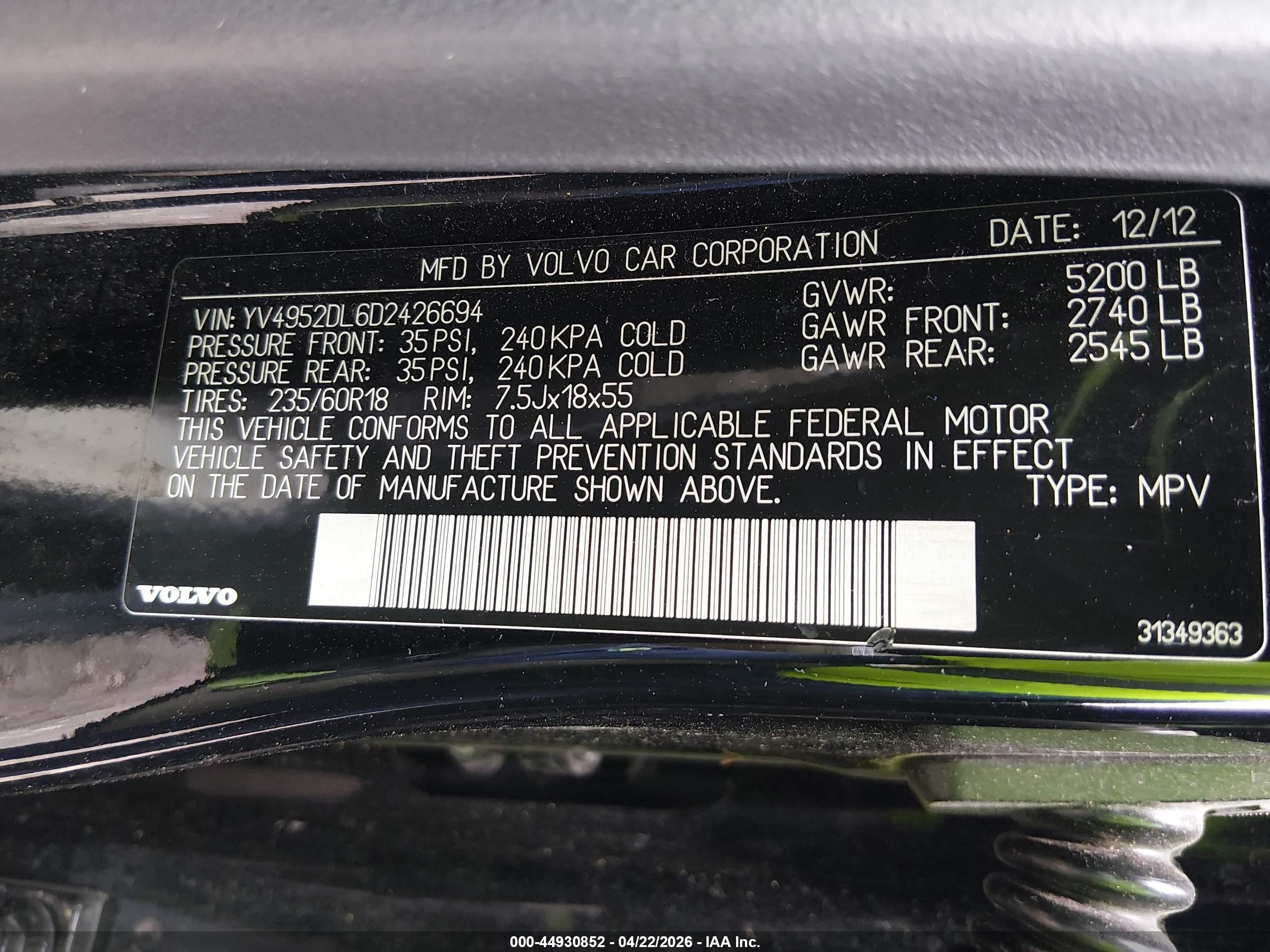 2013 Volvo Xc60 3.2 Black vin: YV4952DL6D2426694