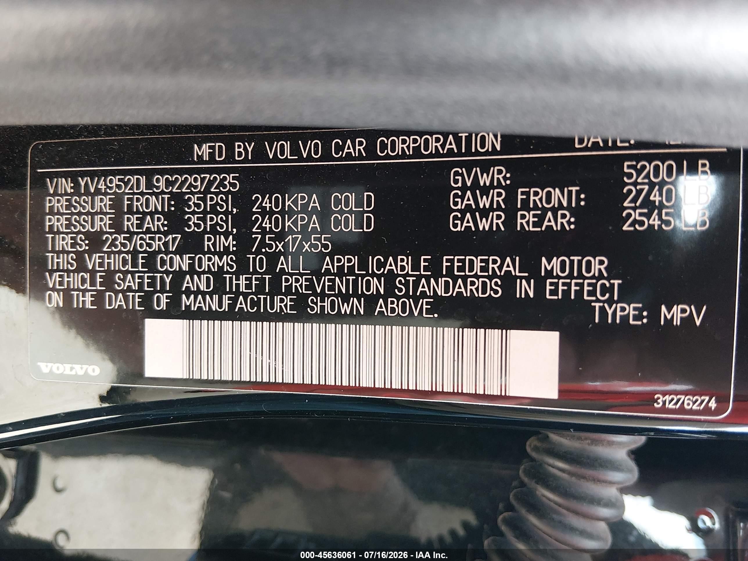 2012 Volvo Xc60 3.2/3.2 Platinum/3.2 Premier/3.2 Premier Plus Black vin: YV4952DL9C2297235