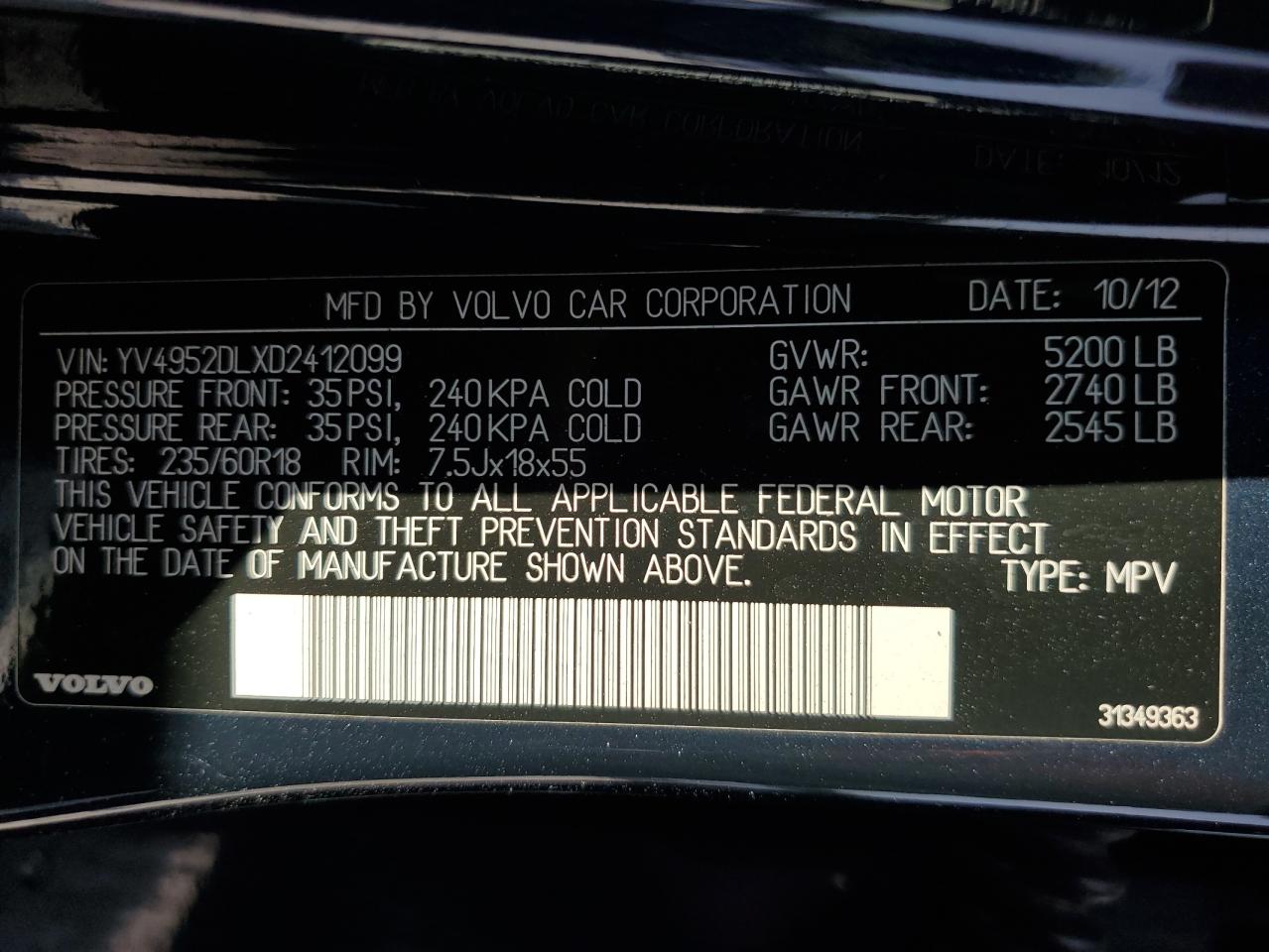 2013 Volvo Xc60 3.2 Blue vin: YV4952DLXD2412099