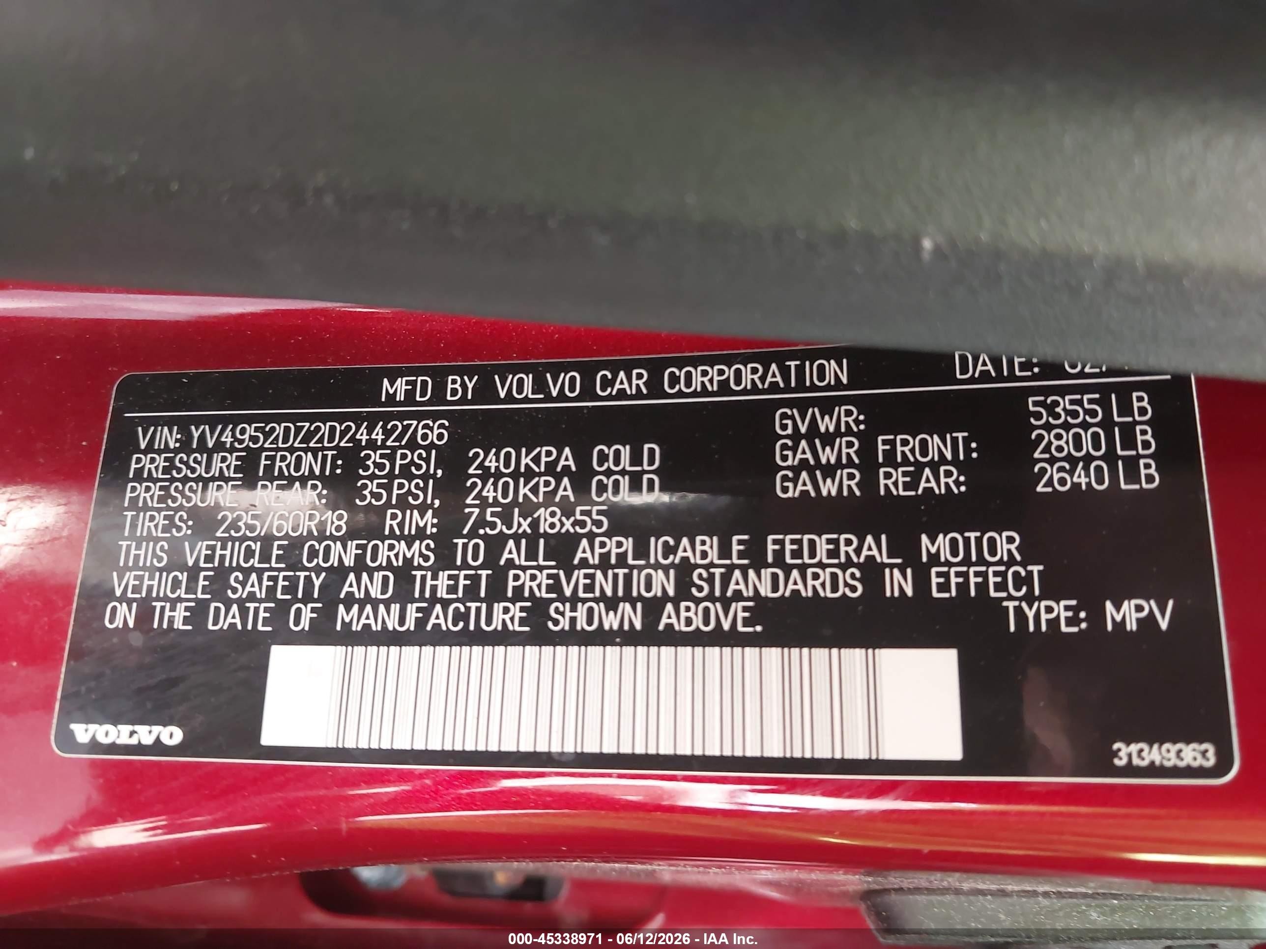 2013 Volvo Xc60 3.2 Premier Red vin: YV4952DZ2D2442766