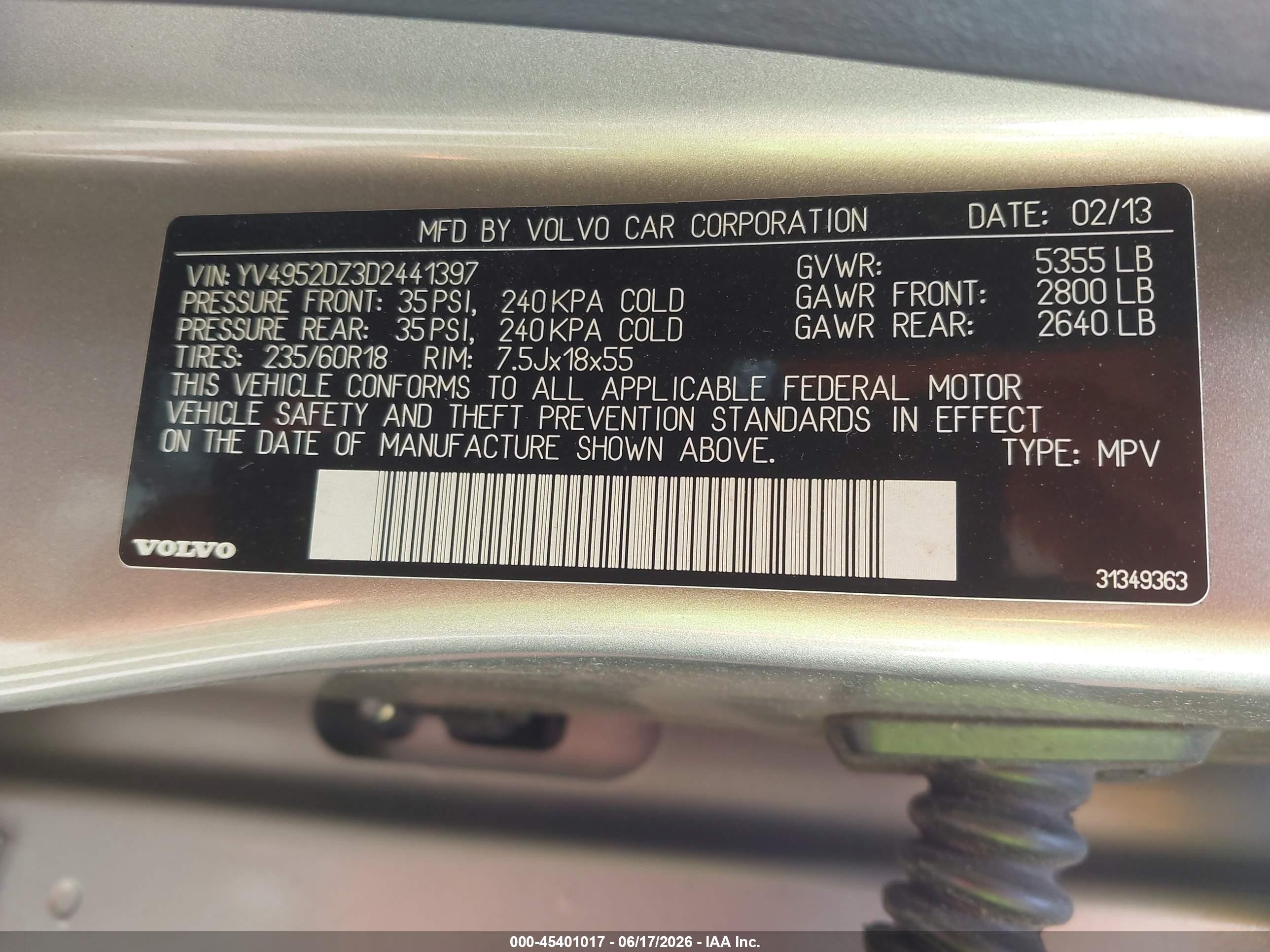 2013 Volvo Xc60 3.2/3.2 Platinum/3.2 Premier/3.2 Premier Plus Silver vin: YV4952DZ3D2441397