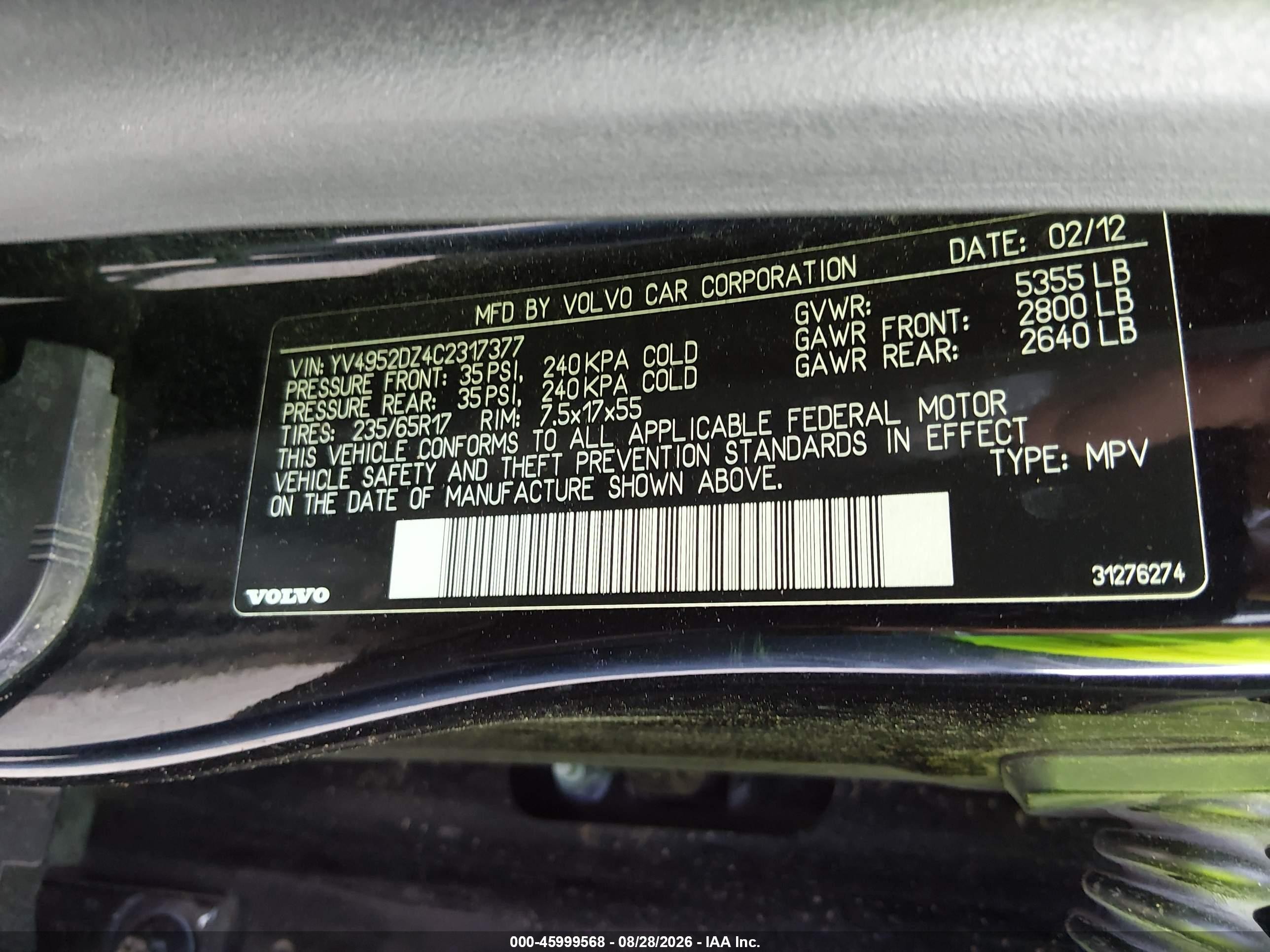 2012 Volvo Xc60 3.2/3.2 Platinum/3.2 Premier/3.2 Premier Plus Black vin: YV4952DZ4C2317377