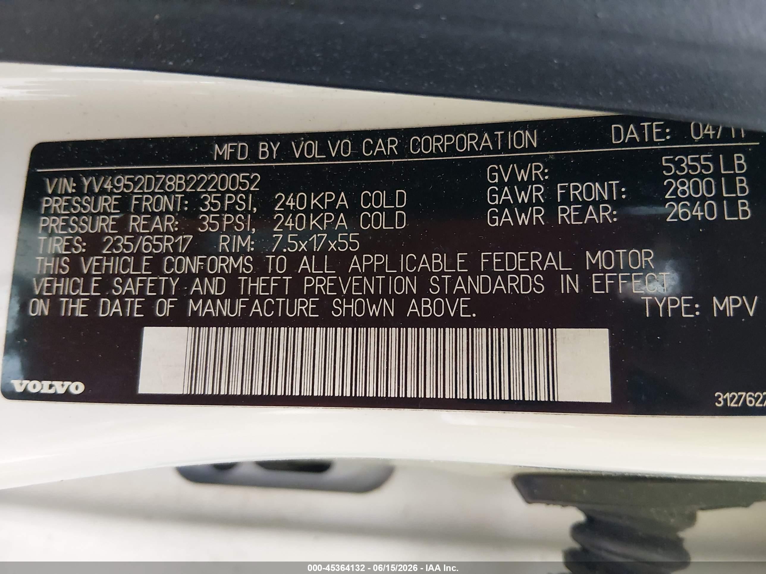 2011 Volvo Xc60 3.2 White vin: YV4952DZ8B2220052