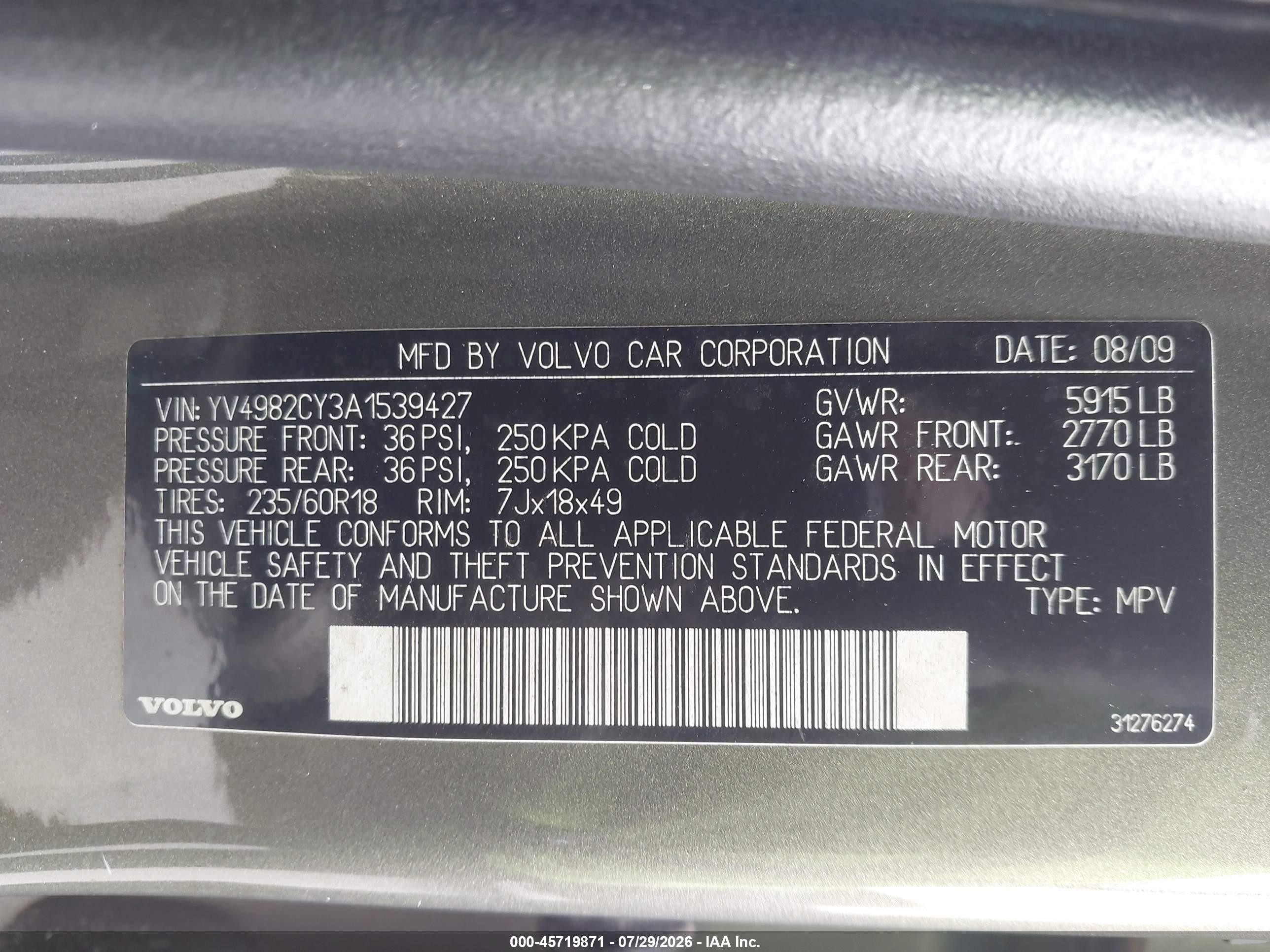 2010 Volvo Xc90 3.2 Green vin: YV4982CY3A1539427