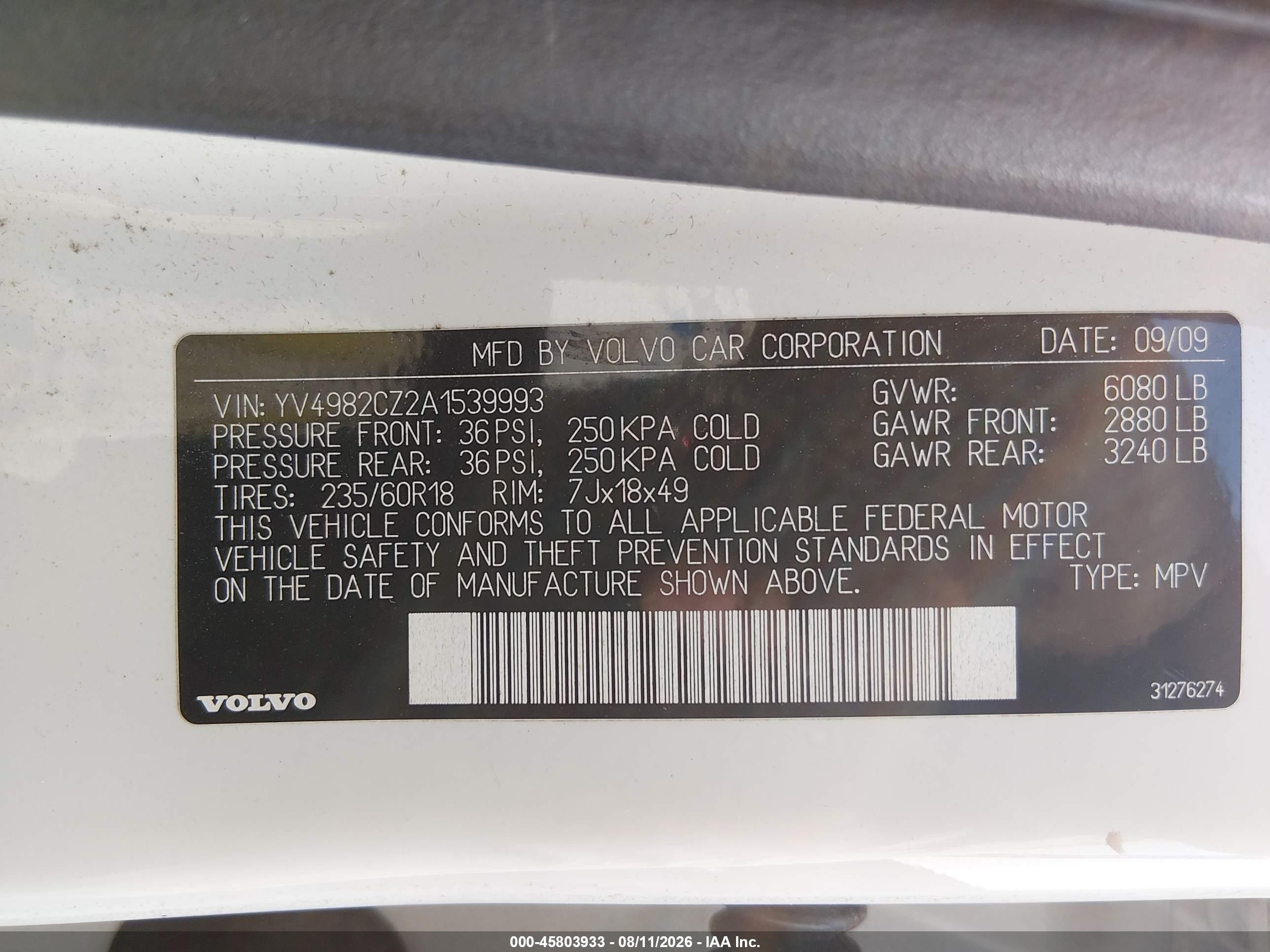 2010 Volvo Xc90 3.2 White vin: YV4982CZ2A1539993