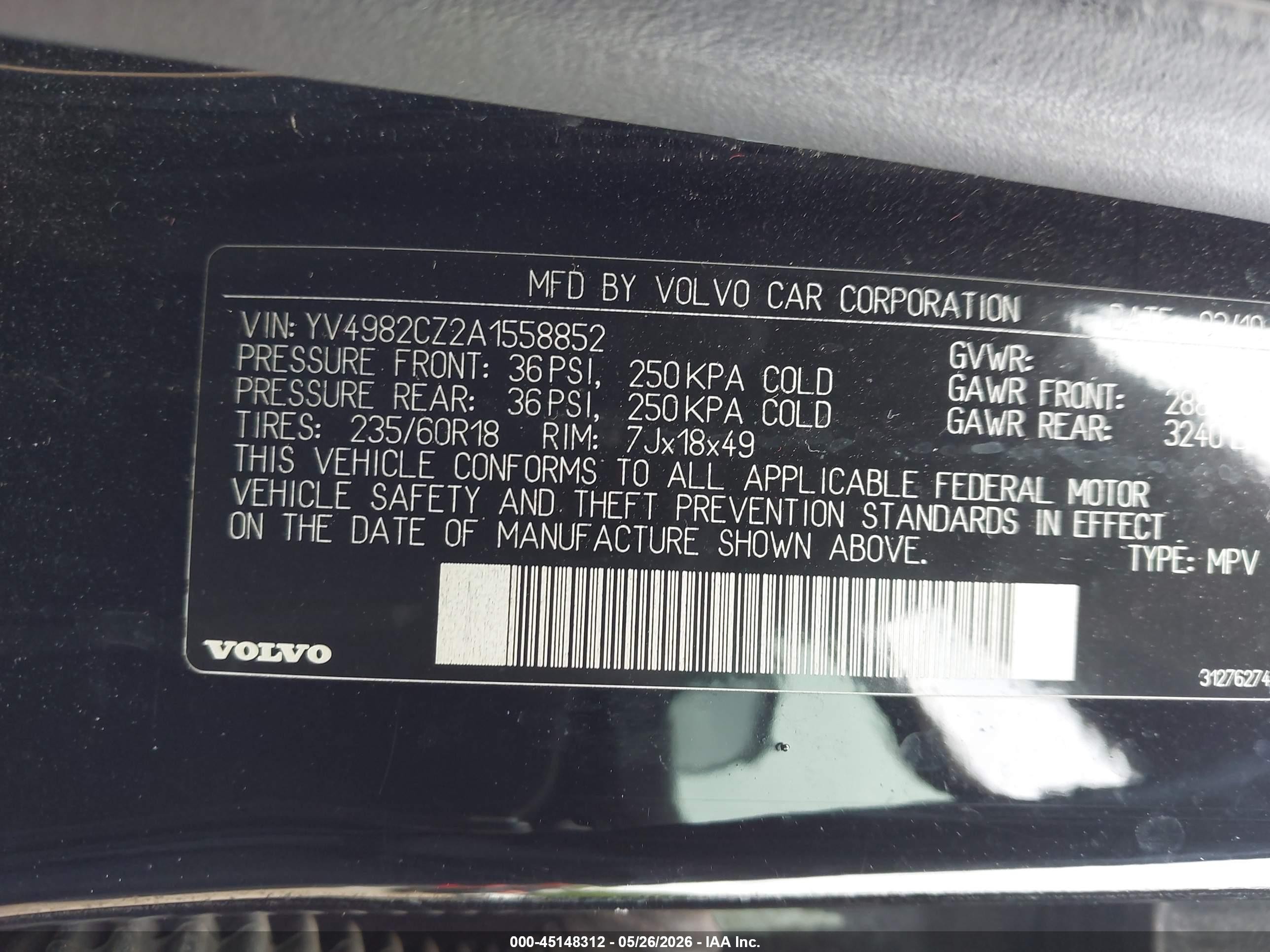 2010 Volvo Xc90 3.2 Black vin: YV4982CZ2A1558852