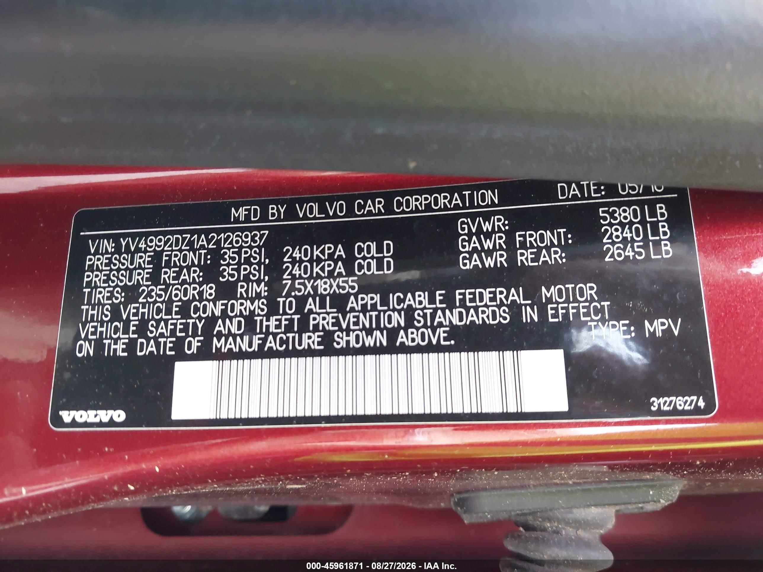 2010 Volvo Xc60 T6/t6 R-design Red vin: YV4992DZ1A2126937