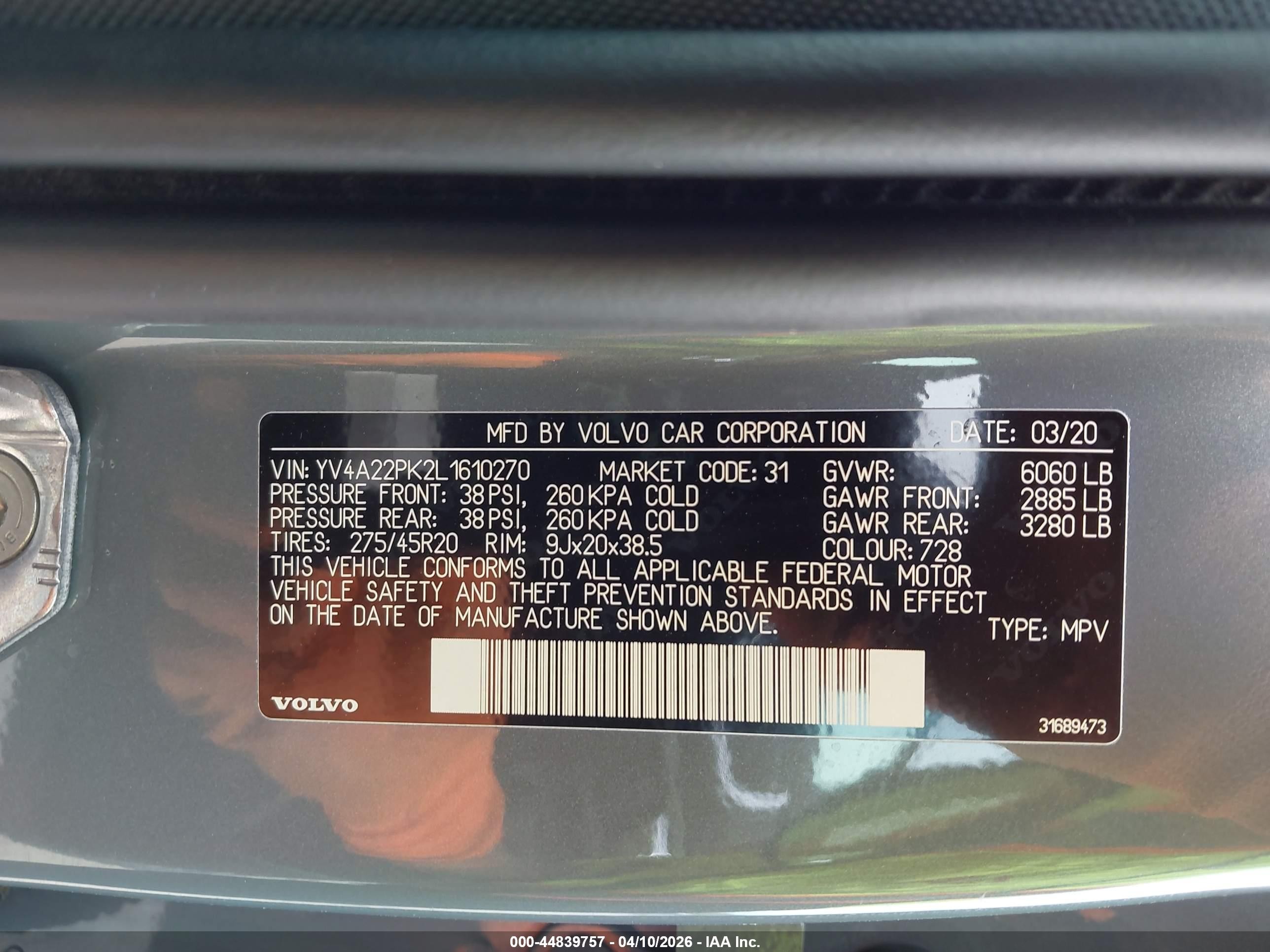 2020 Volvo Xc90 T6 Momentum 7 Passenger Blue vin: YV4A22PK2L1610270