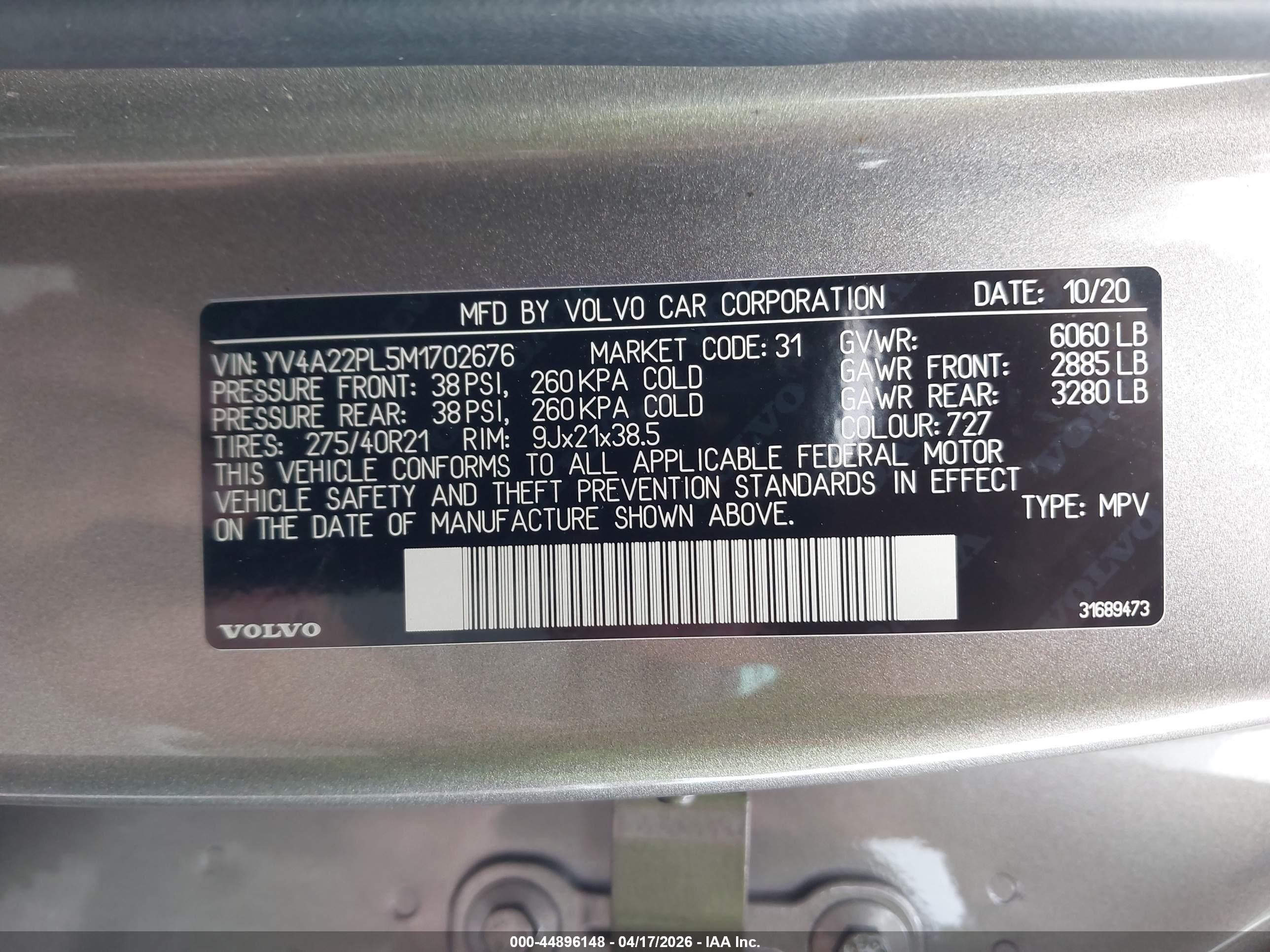 2021 Volvo Xc90 T6 Inscription 7 Passenger Gray vin: YV4A22PL5M1702676