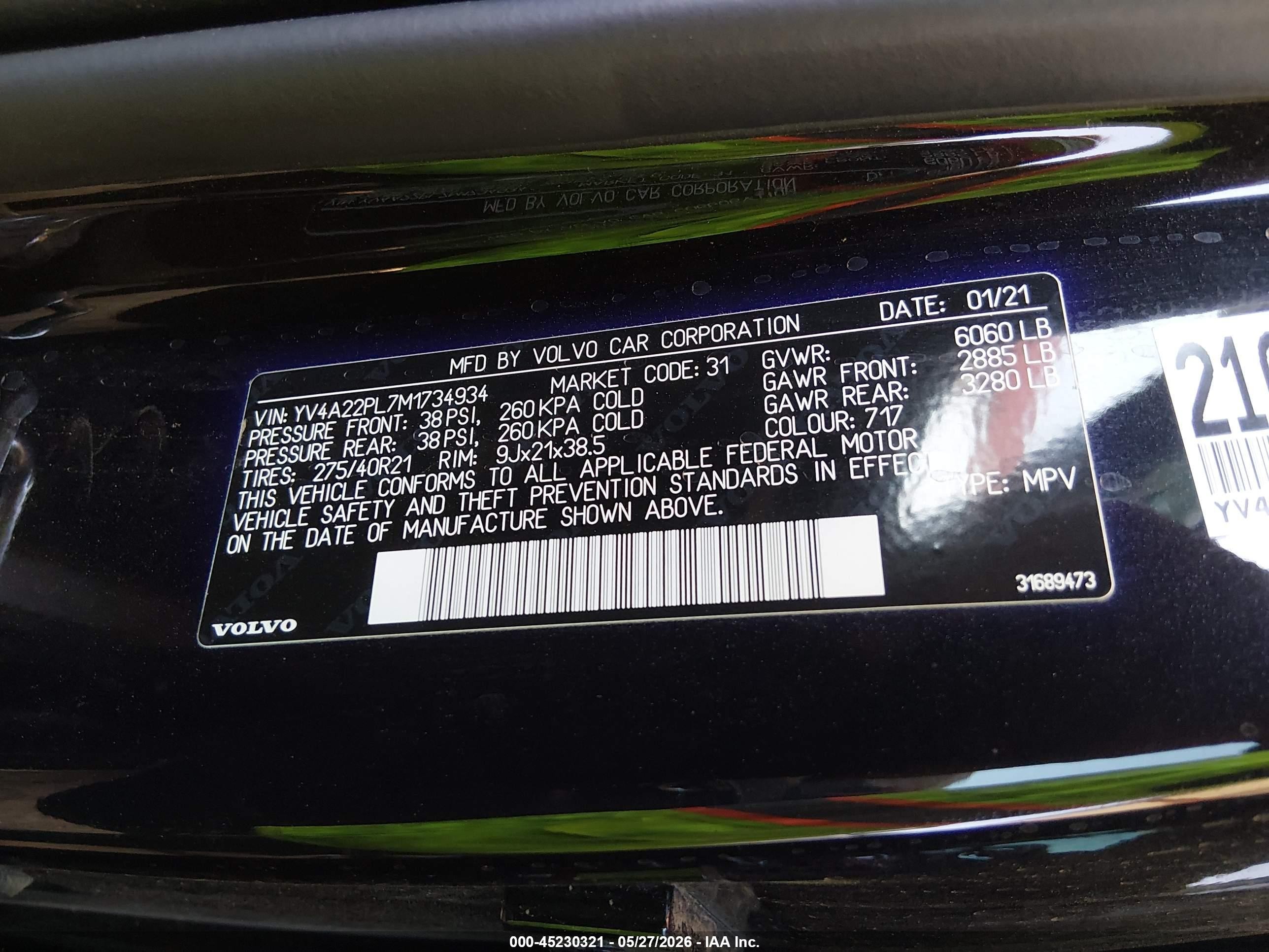 2021 Volvo Xc90 T6 Inscription 7 Passenger Black vin: YV4A22PL7M1734934