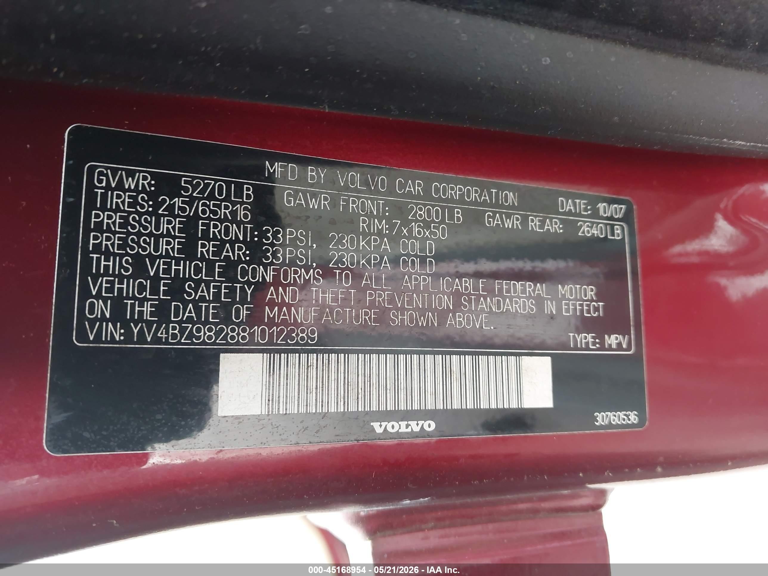2008 Volvo Xc70 3.2 Red vin: YV4BZ982881012389