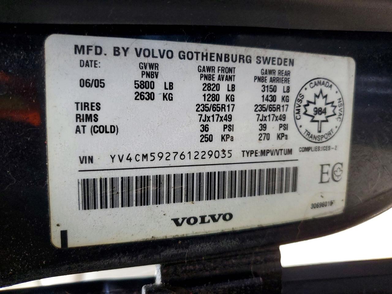 2006 Volvo Xc90 Blue vin: YV4CM592761229035