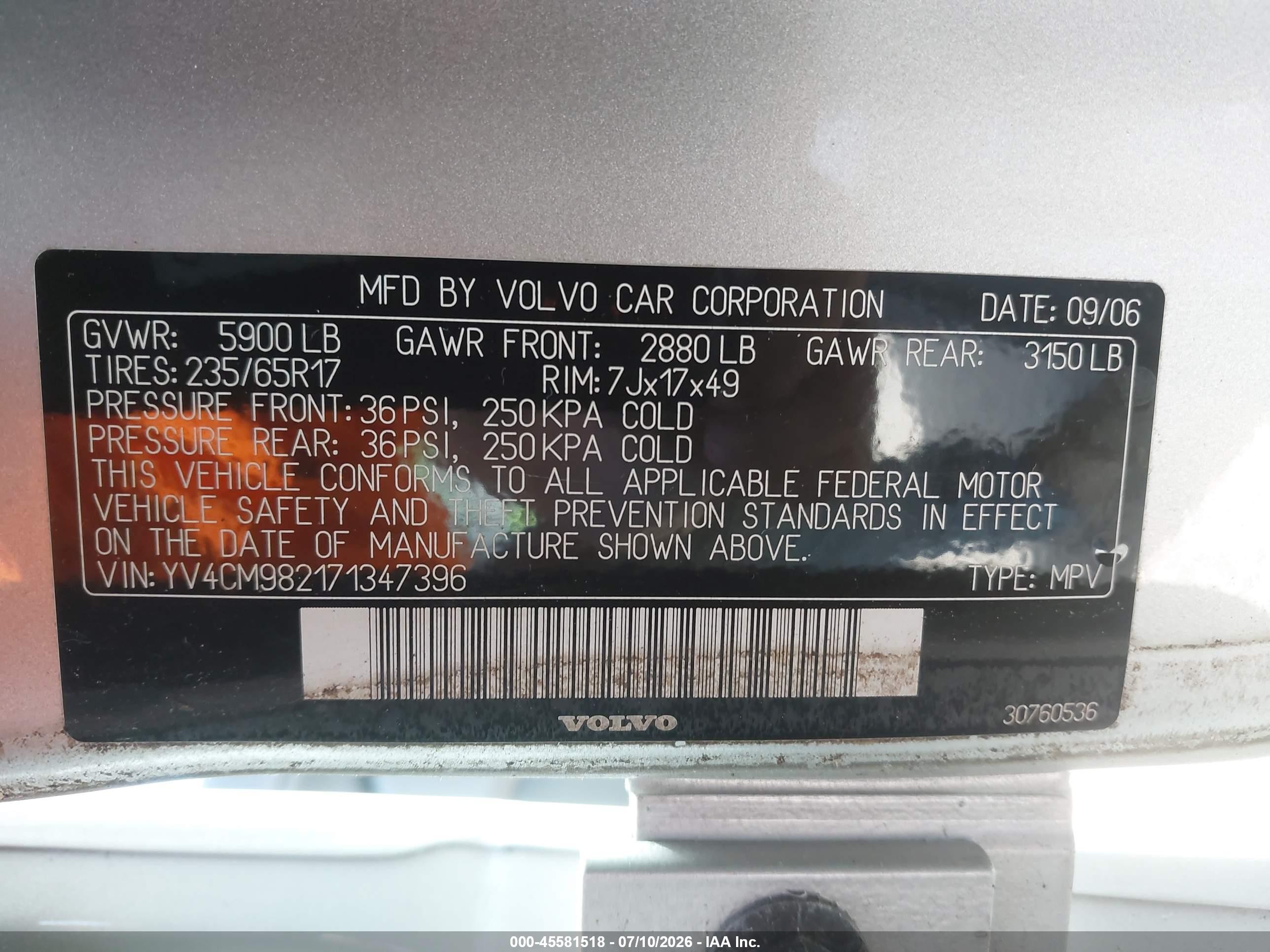 2007 Volvo Xc90 3.2 Silver vin: YV4CM982171347396