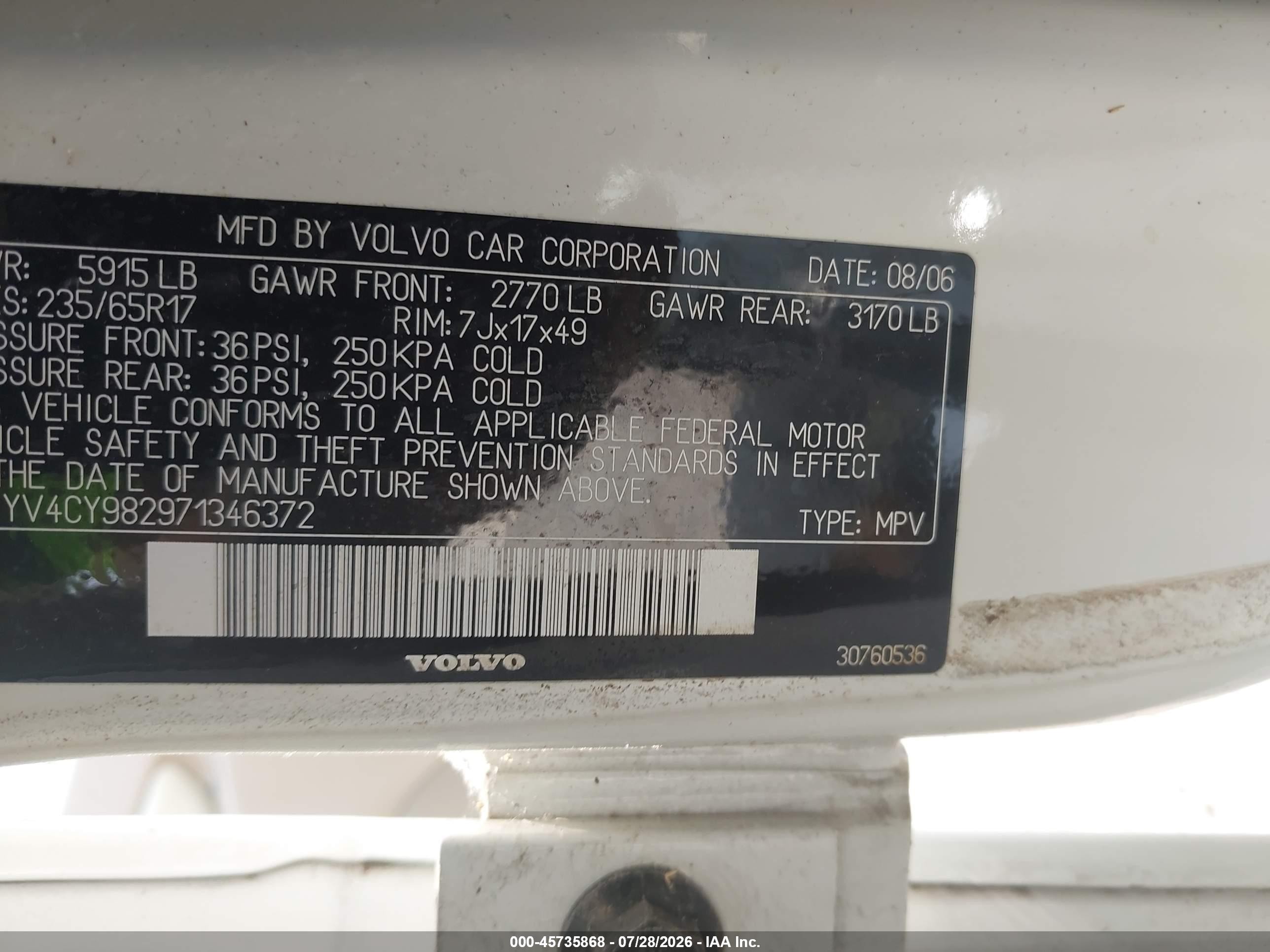 2007 Volvo Xc90 3.2 White vin: YV4CY982971346372