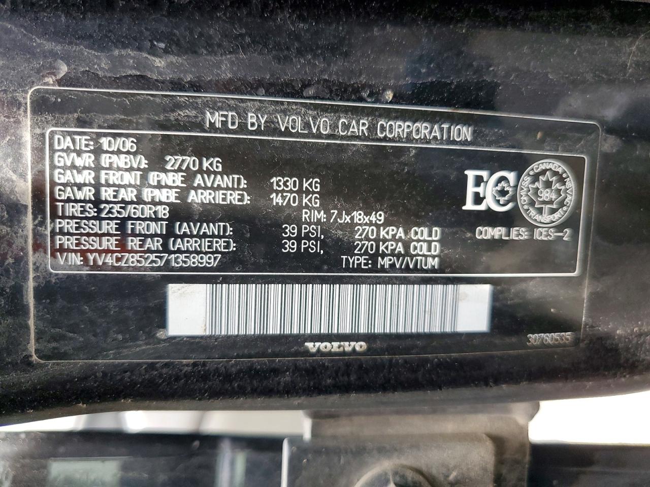 2007 Volvo Xc90 V8 Black vin: YV4CZ852571358997