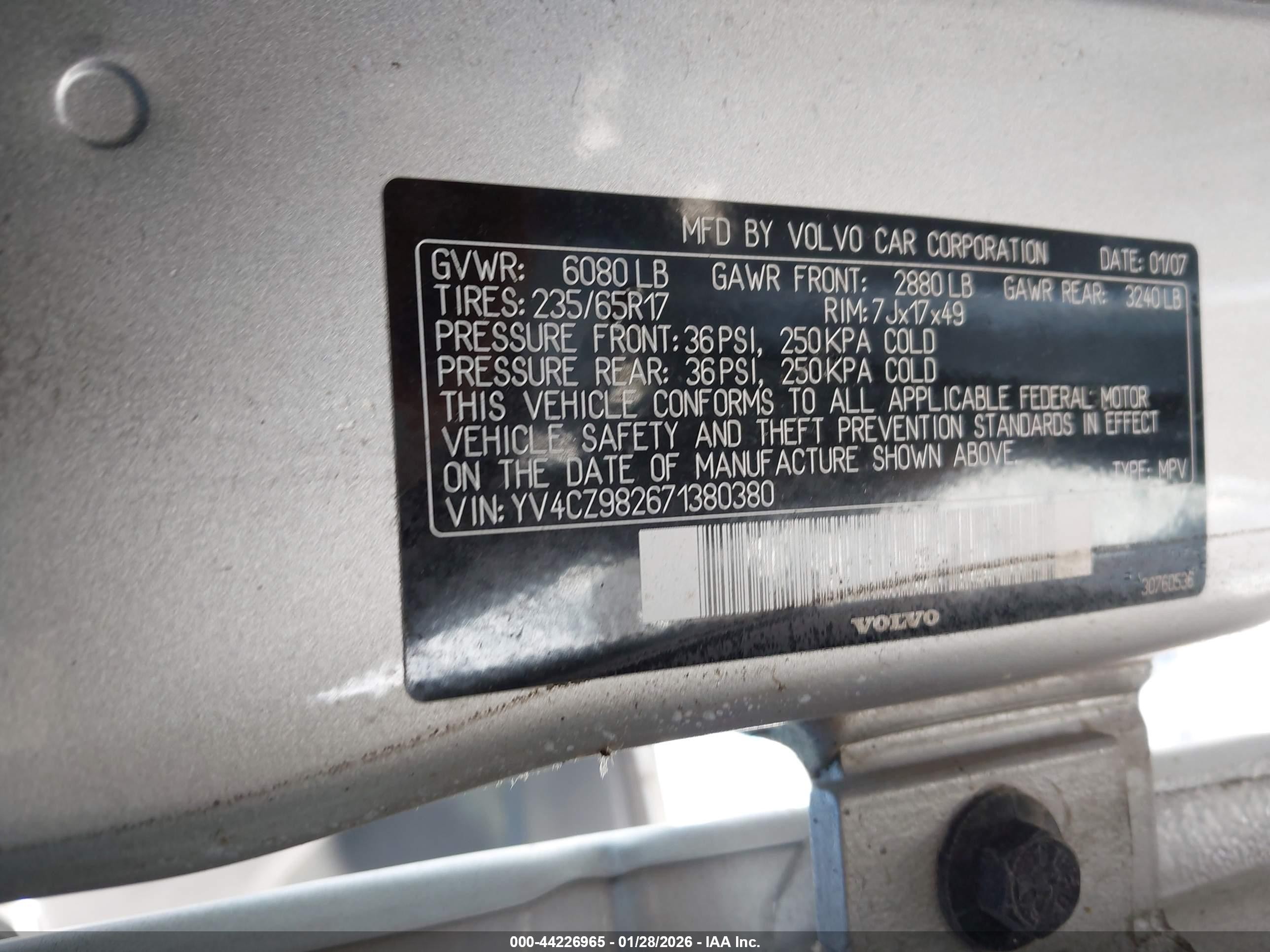 2007 Volvo Xc90 3.2 Silver vin: YV4CZ982671380380