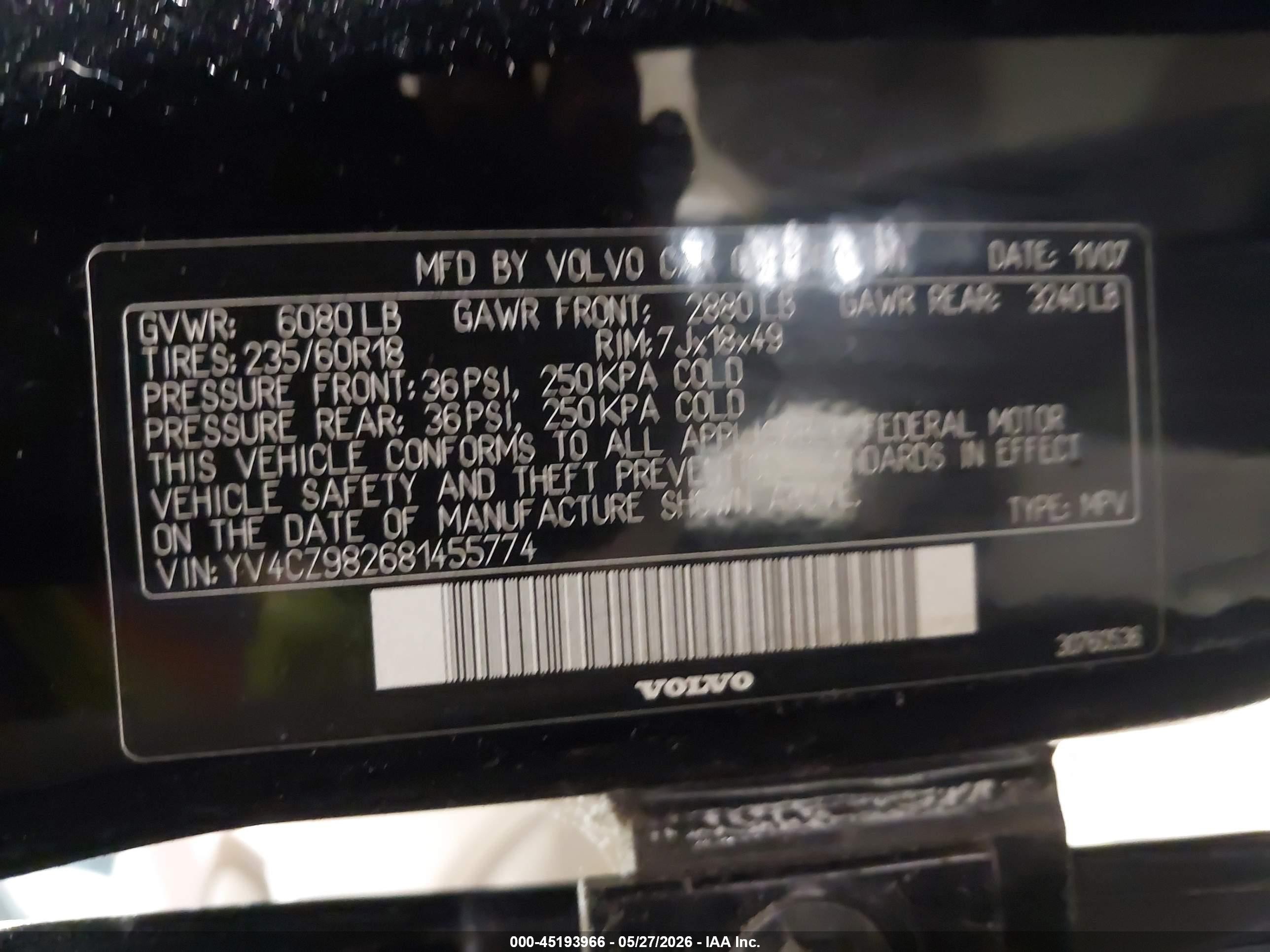 2008 Volvo Xc90 3.2 Black vin: YV4CZ982681455774
