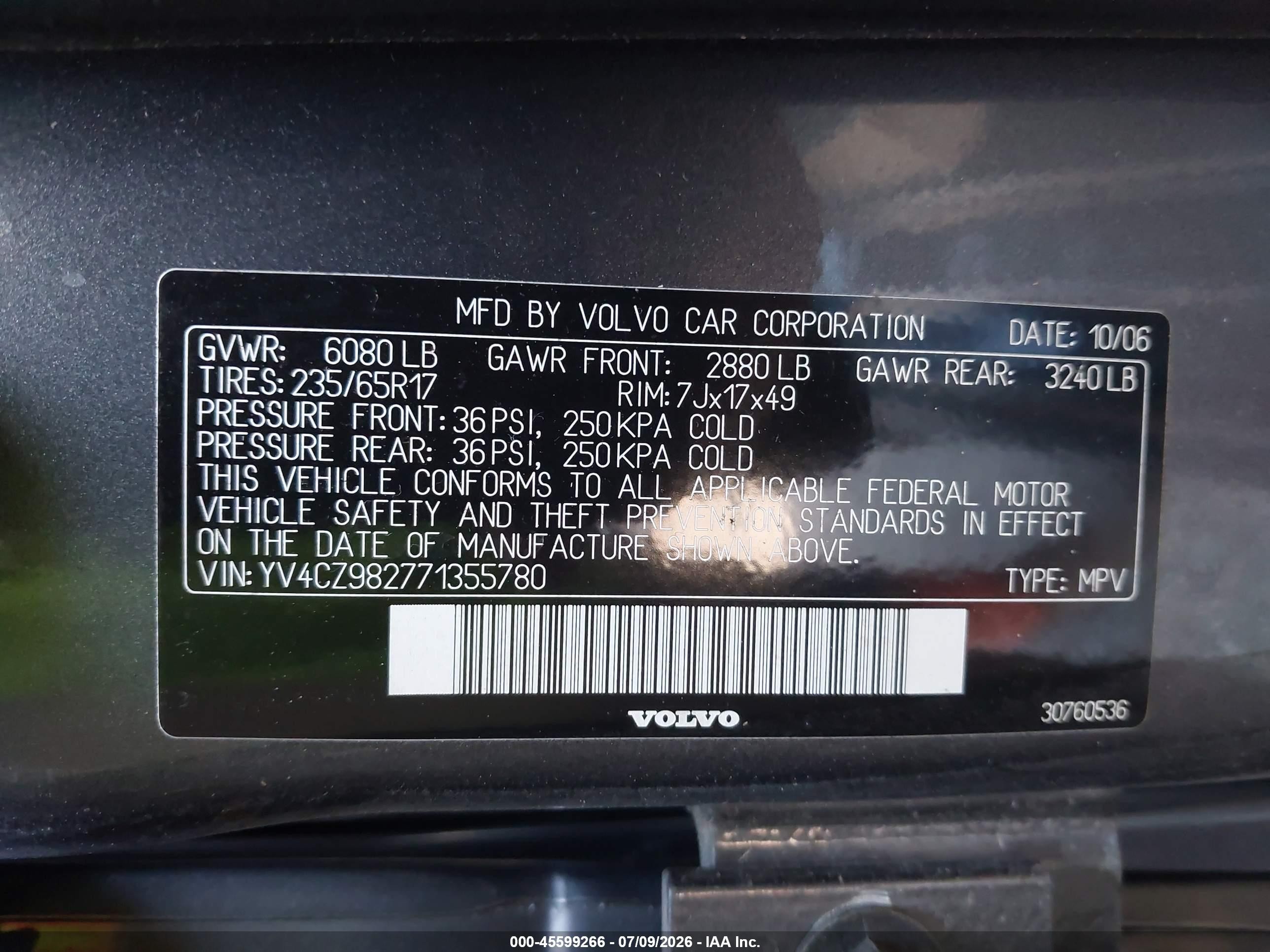 2007 Volvo Xc90 3.2 Blue vin: YV4CZ982771355780