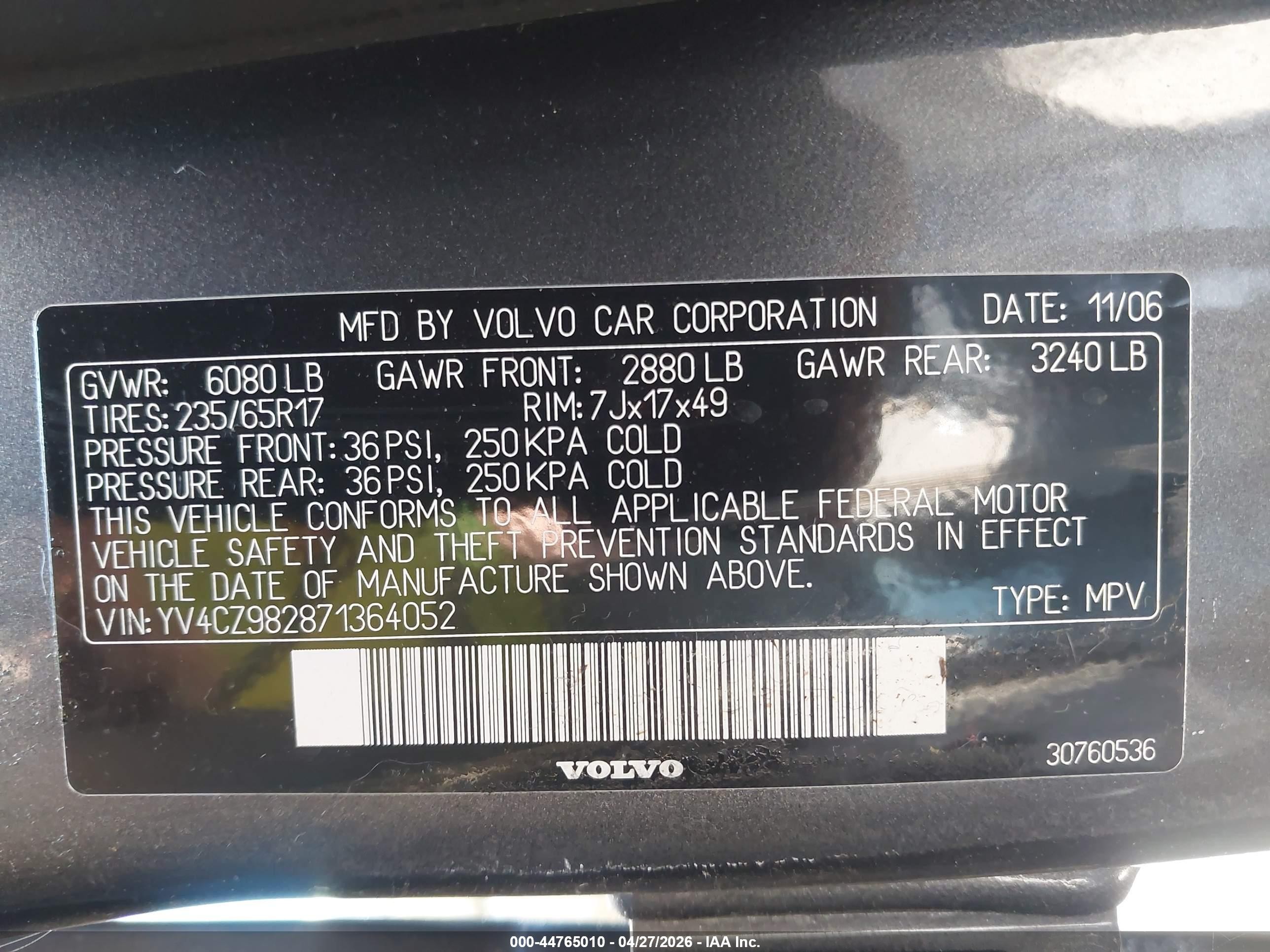 2007 Volvo Xc90 3.2 Gray vin: YV4CZ982871364052