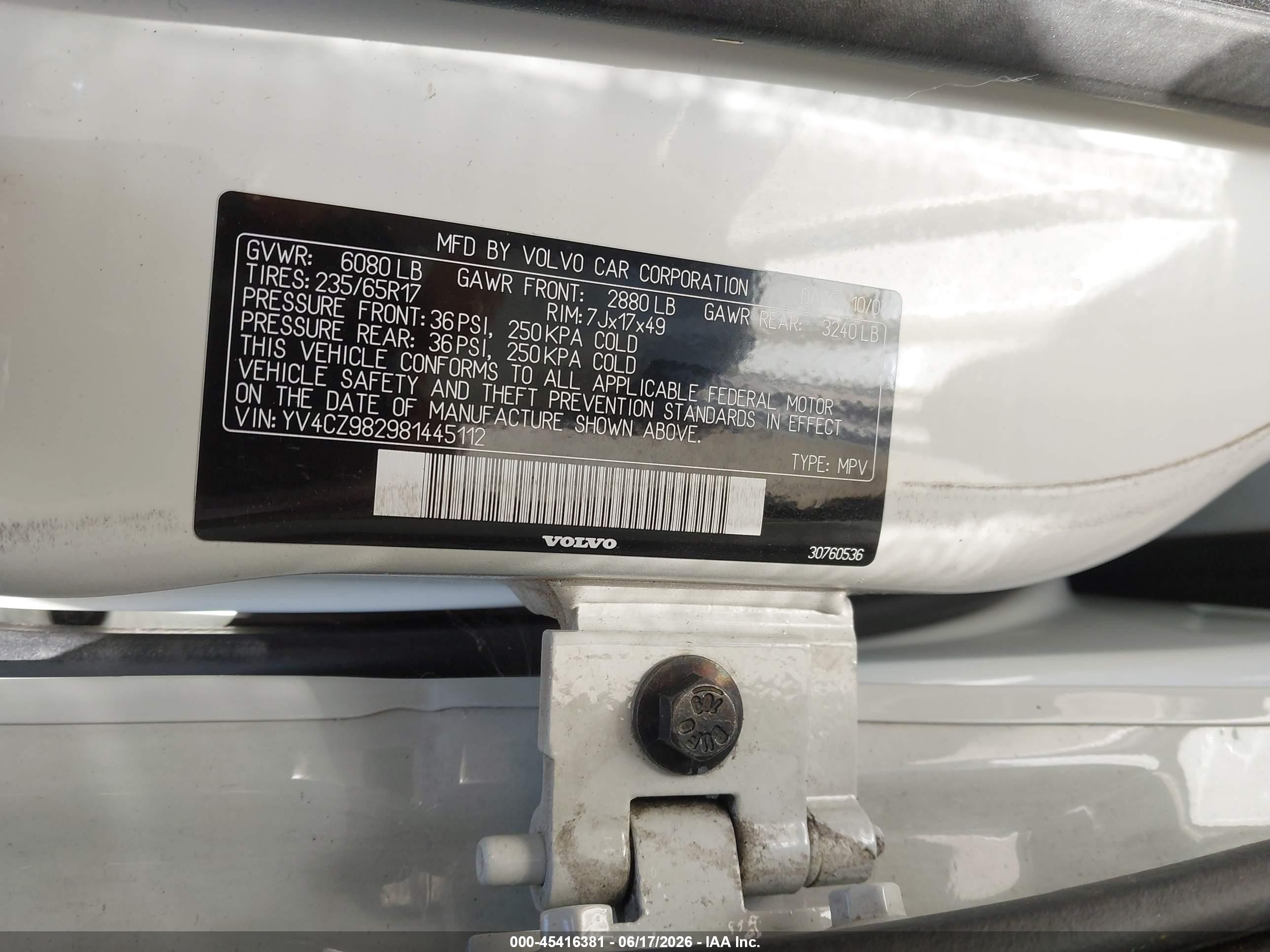 2008 Volvo Xc90 3.2 White vin: YV4CZ982981445112