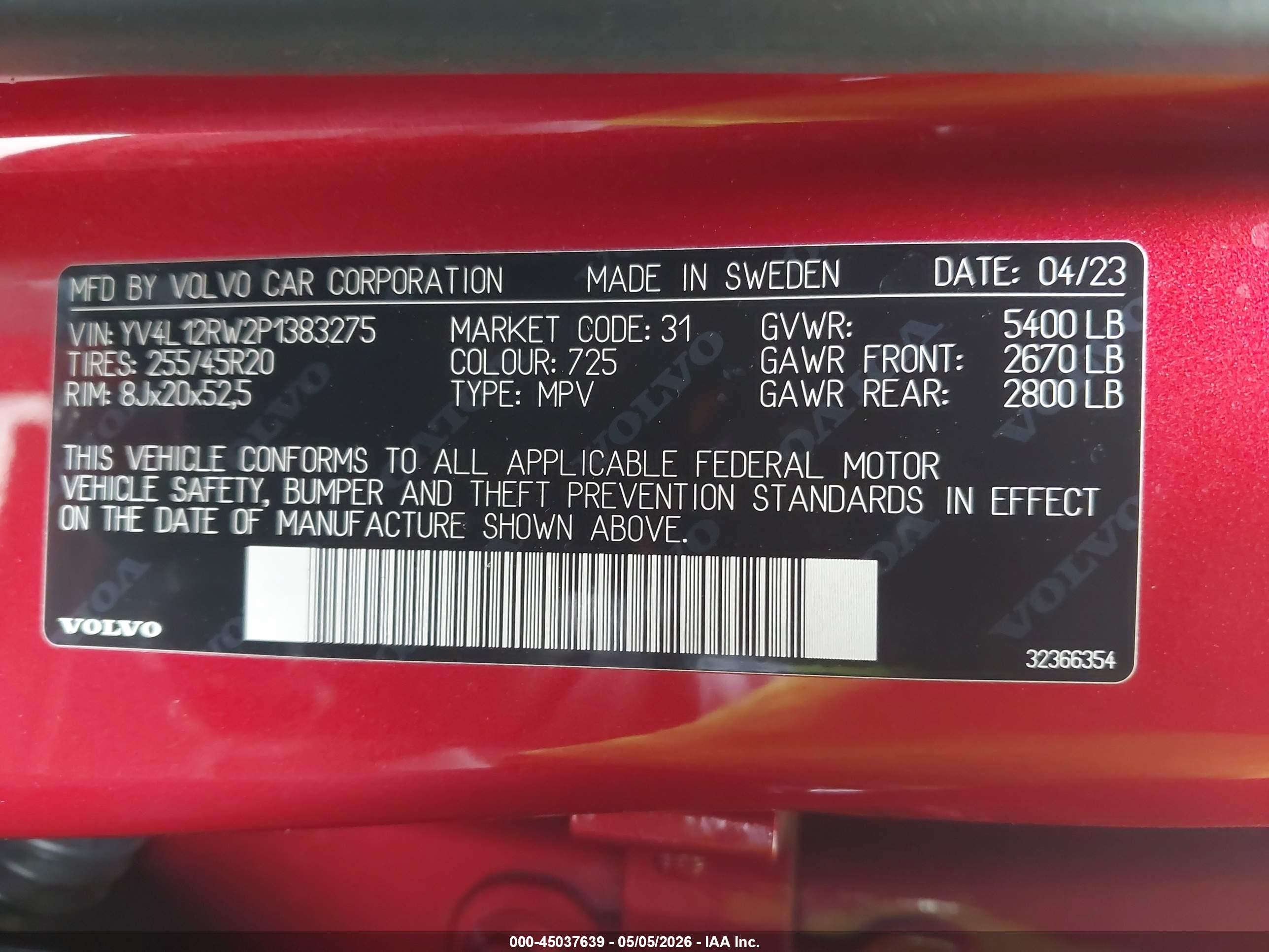 2023 Volvo Xc60 B5 Plus Dark Theme Red vin: YV4L12RW2P1383275